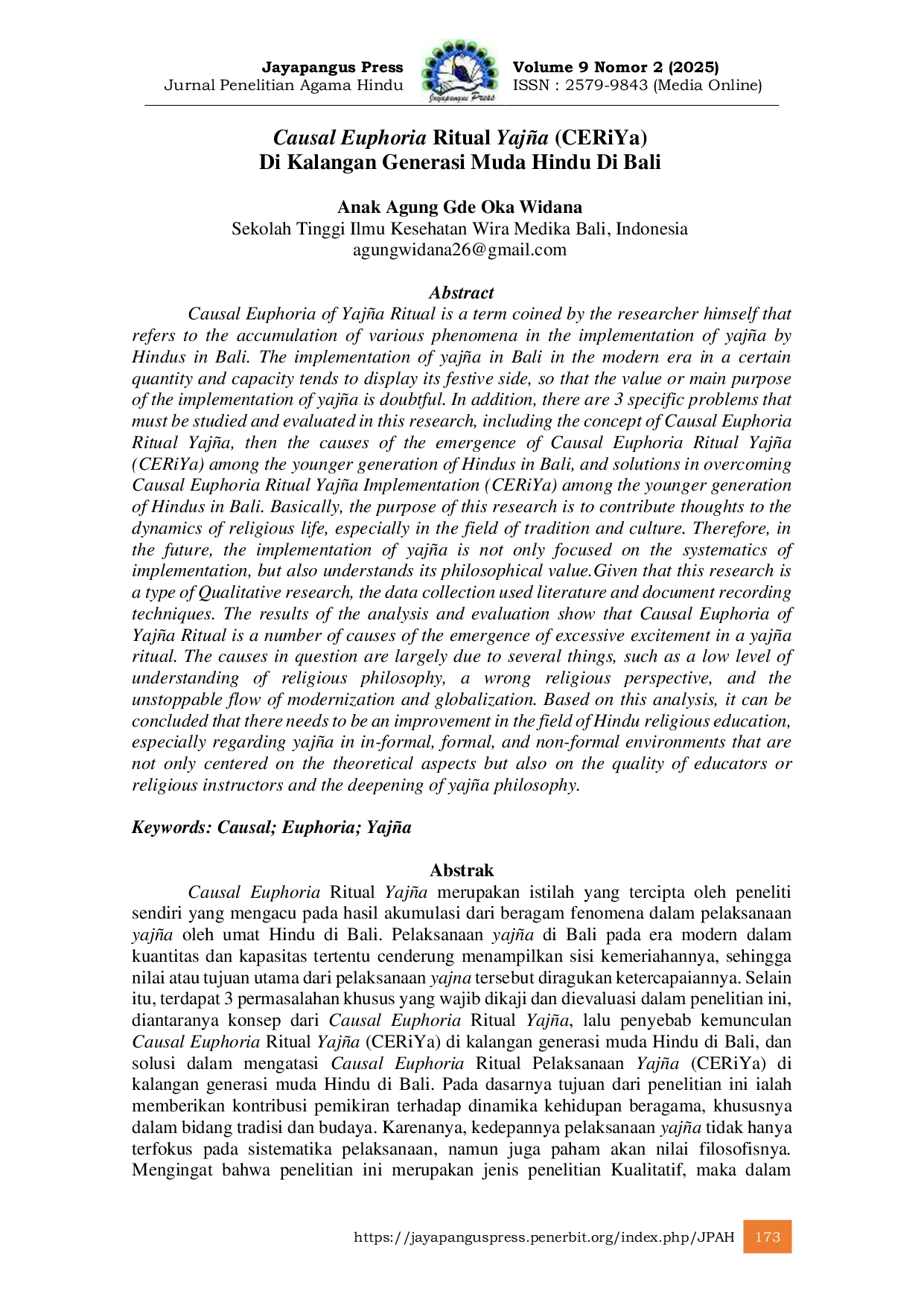 JURIS Causal Euphoria Ritual Yaj a CERiYa Di Kalangan Generasi Muda Hindu Di Bali