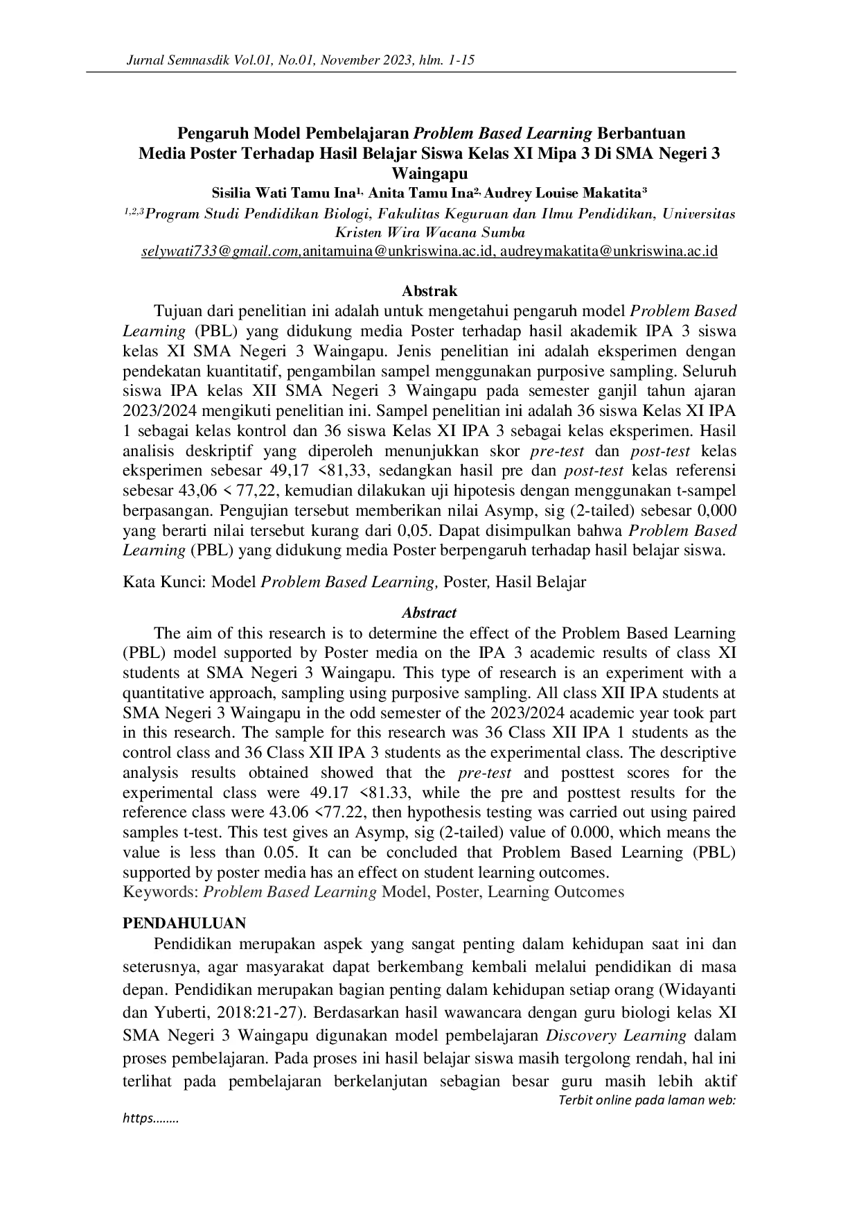 JURIS The Pengaruh Model Pembelajaran Problem Based Learning Berbantuan Media Poster Terhadap Hasil Belajar Siswa Kelas XI Mipa 3 Di SMA Negeri 3 Waingapu