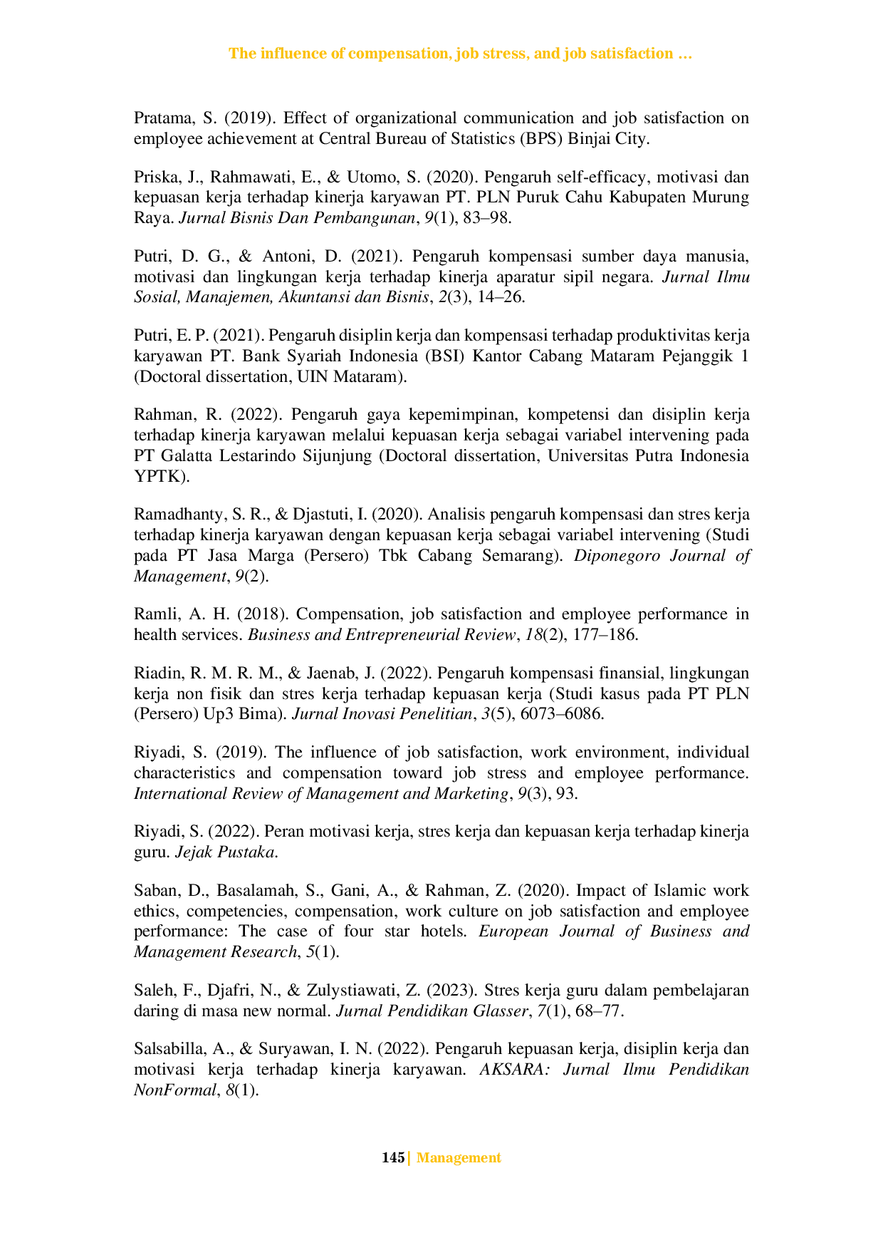 JURIS The influence of compensation job stress and job satisfaction on employee performance in the outsourcing company PT Citra Bersama