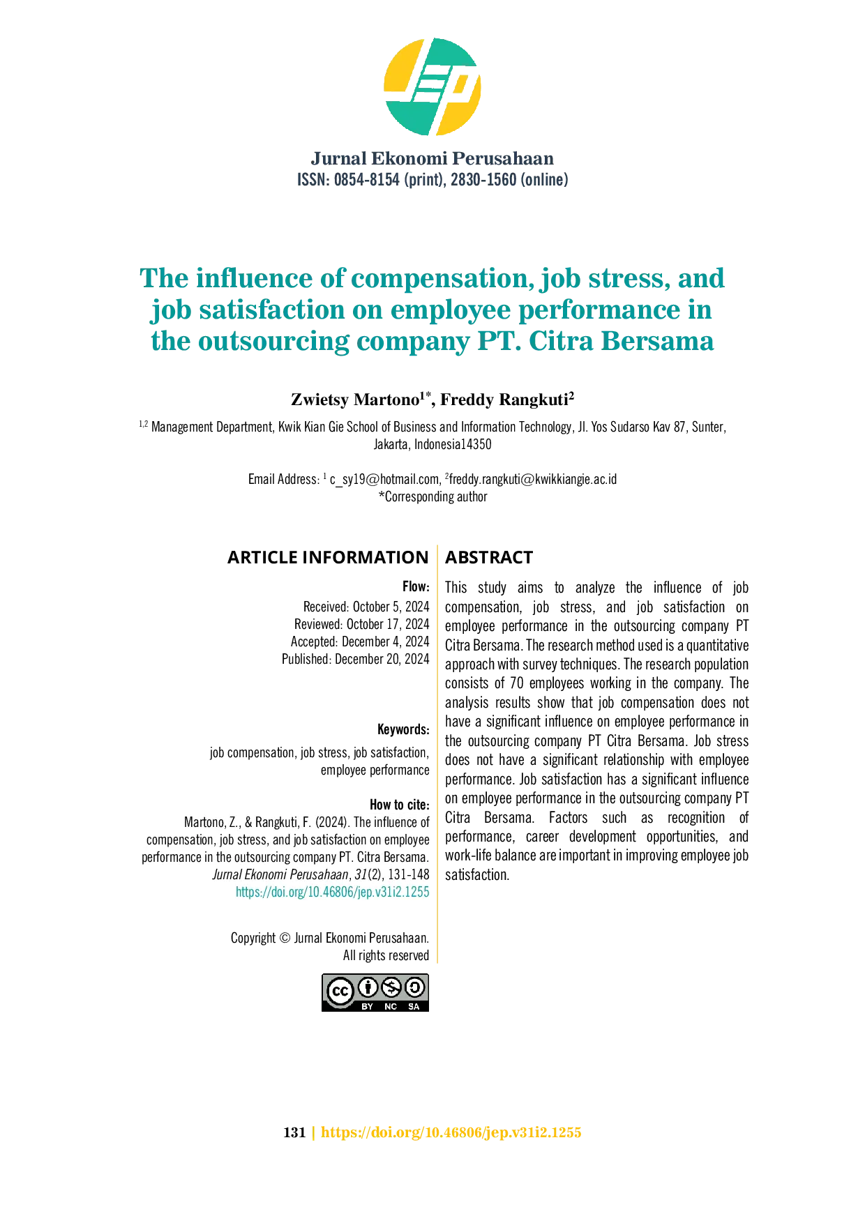 JURIS The influence of compensation job stress and job satisfaction on employee performance in the outsourcing company PT Citra Bersama