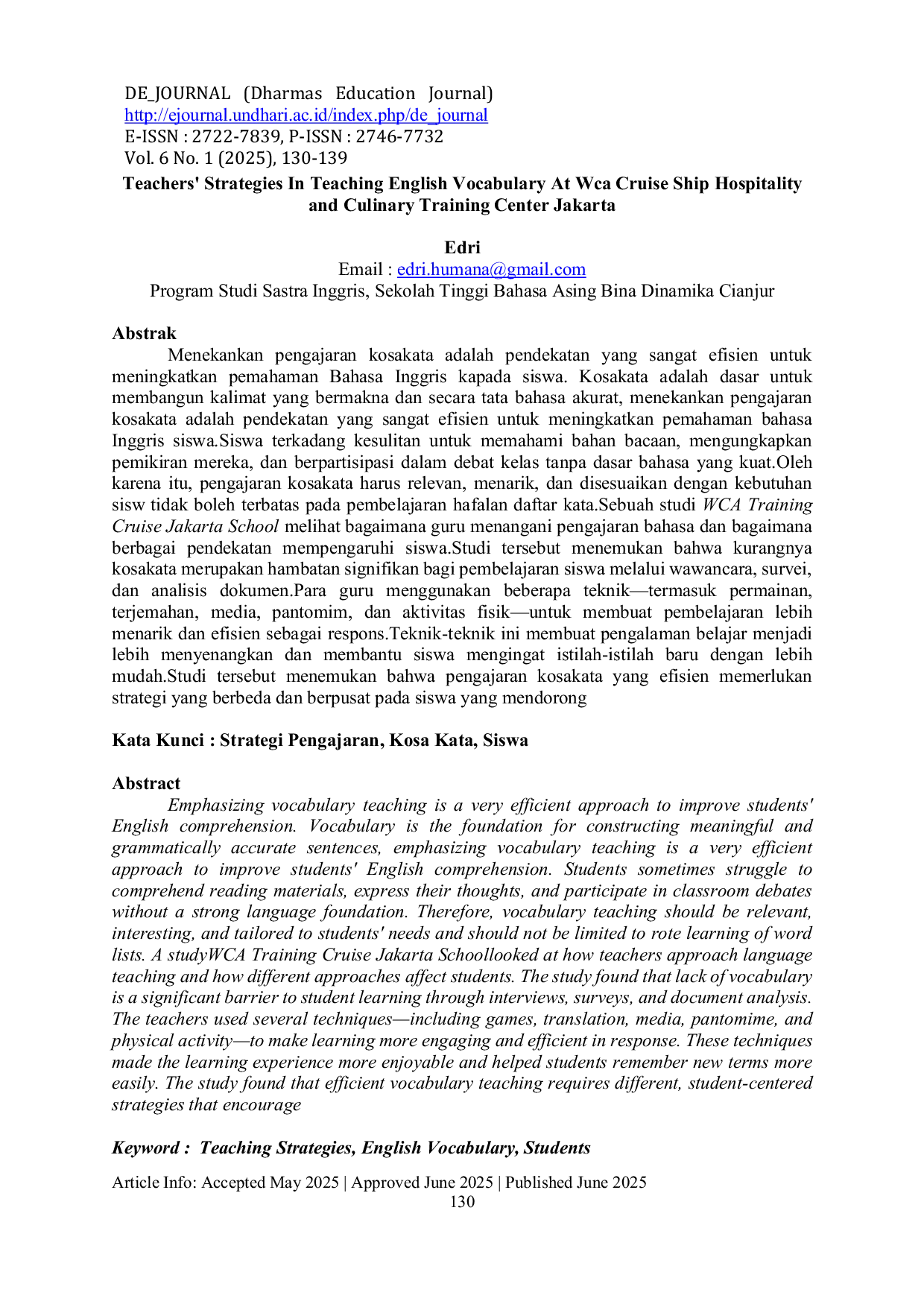 JURIS Teachers Strategies In Teaching English Vocabulary At Wca Cruise Ship Hospitality and Culinary Training Center Jakarta