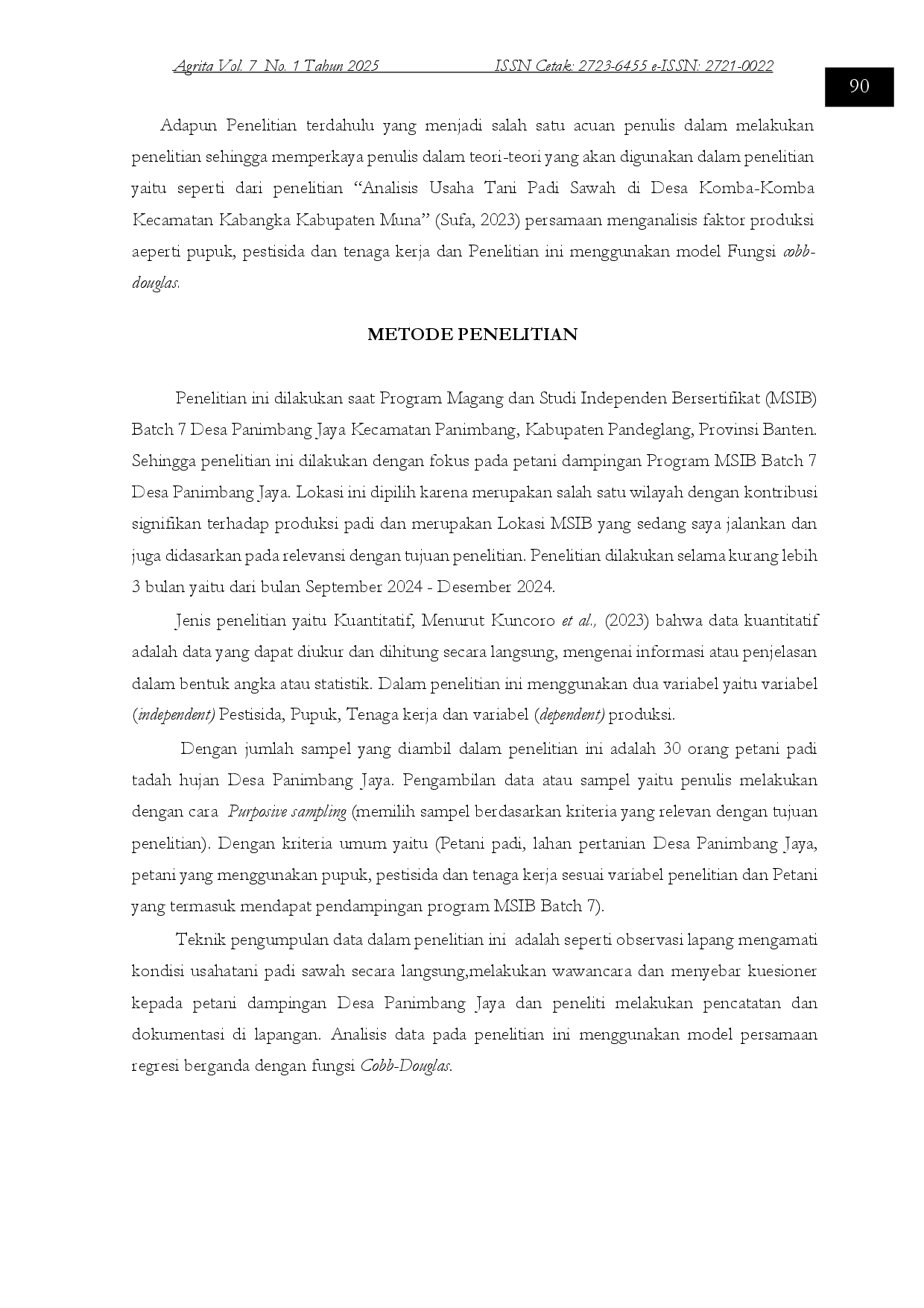 juris Pengaruh Input Produksi Terhadap Hasil Padi Sawah Tadah Hujan Desa Panimbang Jaya Studi Kasus Petani Dampingan Pada Program MSIB Batch 7