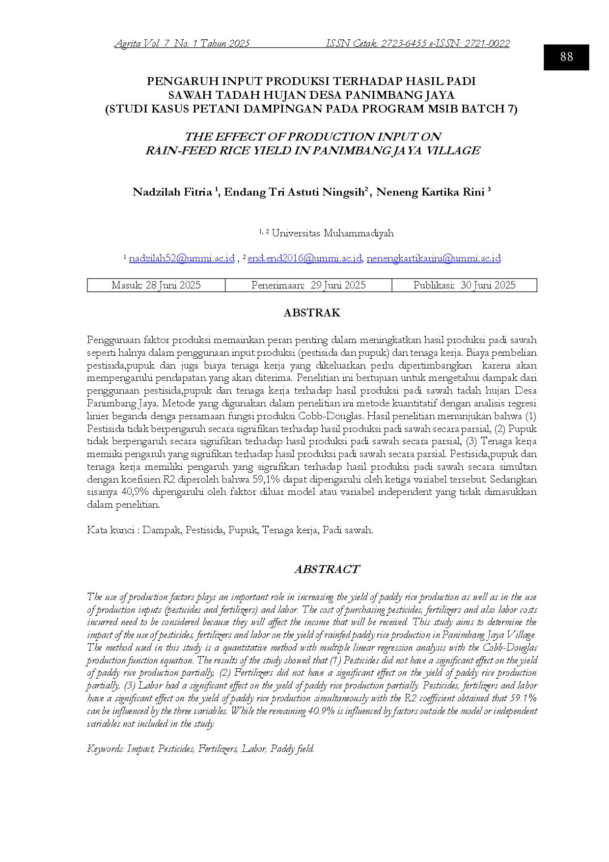 juris Pengaruh Input Produksi Terhadap Hasil Padi Sawah Tadah Hujan Desa Panimbang Jaya Studi Kasus Petani Dampingan Pada Program MSIB Batch 7