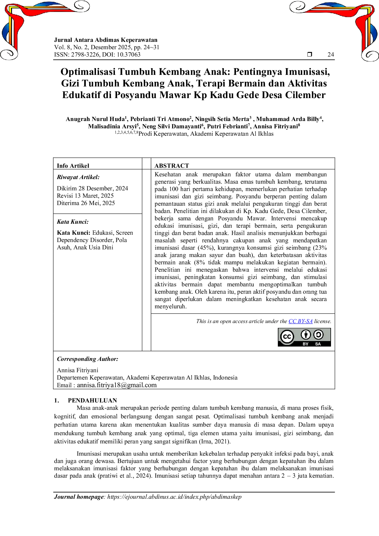 JURIS Optimalisasi Tumbuh Kembang Anak Pentingnya Imunisasi Gizi Tumbuh Kembang Anak Terapi Bermain dan AktivitasEdukatif di Posyandu Mawar Kp Kadu Gede Desa Cilember