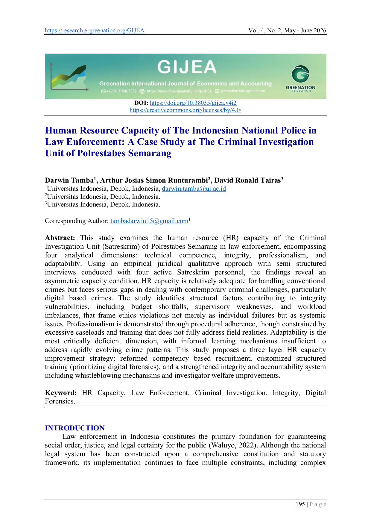 JURIS Human Resource Capacity of The Indonesian National Police in Law Enforcement A Case Study at The Criminal Investigation Unit of Polrestabes Semarang