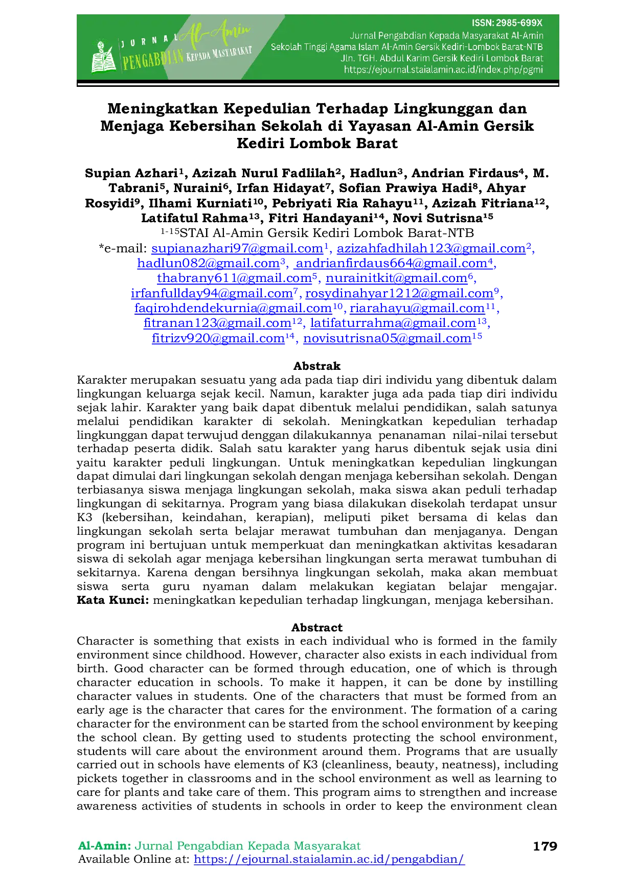 JURIS Meningkatkan Kepedulian Terhadap Lingkungan Dan Menjaga Kebersihan Sekolah Di Yayasan Al Amin Gersik Kediri Lombok Barat