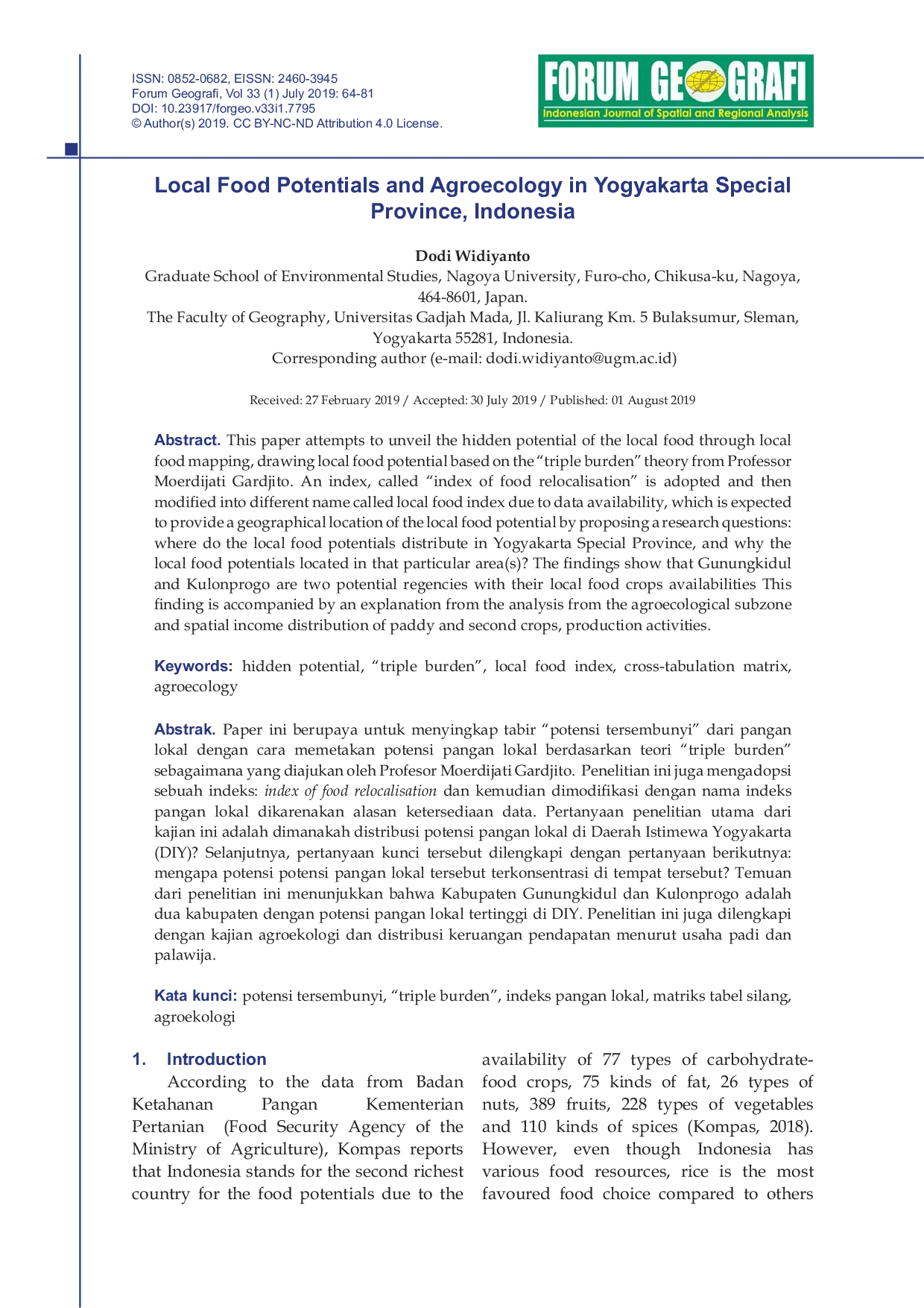 JURIS Local Food Potentials and Agroecology in Yogyakarta Special Province Indonesia