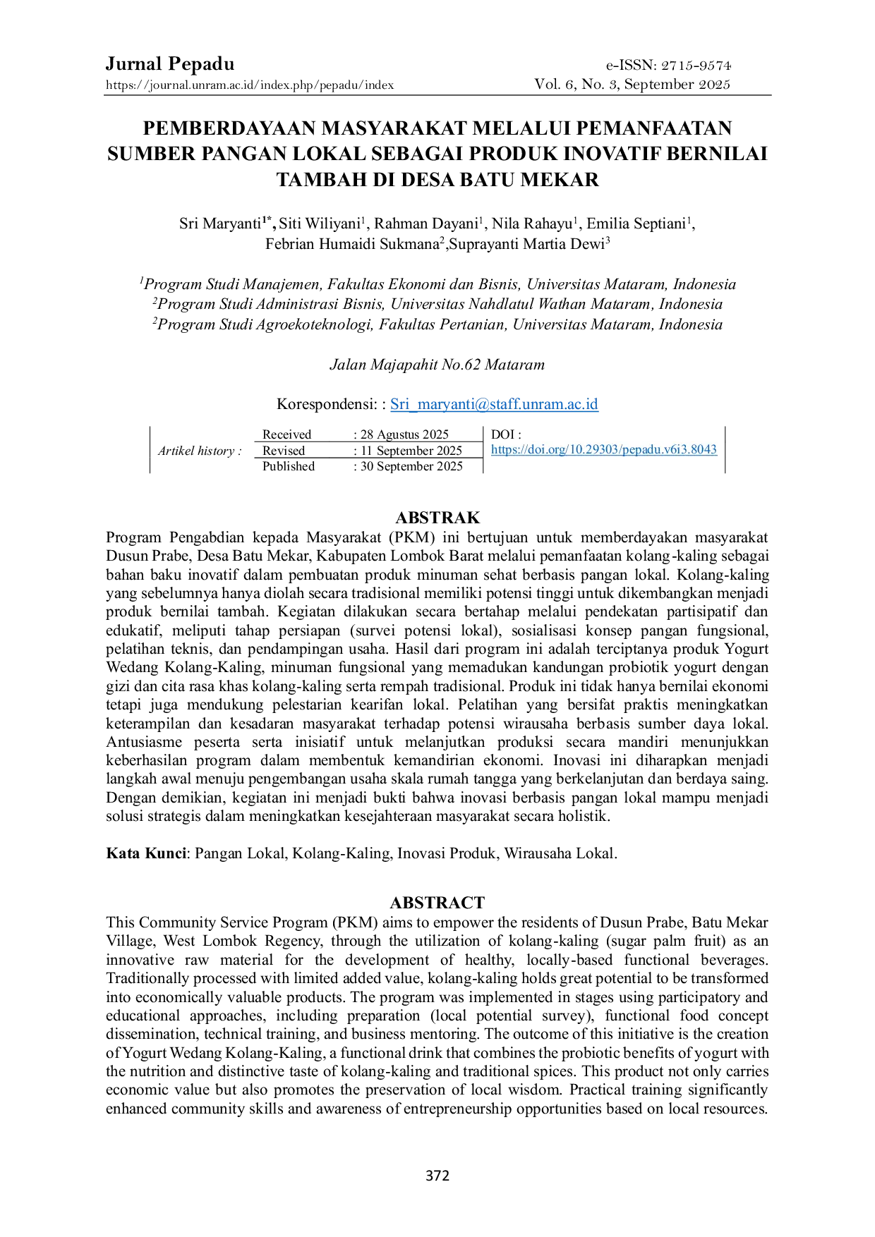 JURIS Pemberdayaan Masyarakat Melalui Pemanfaatan Sumber Pangan Lokal Sebagai Produk Inovatif Bernilai Tambah Di Desa Batu Mekar