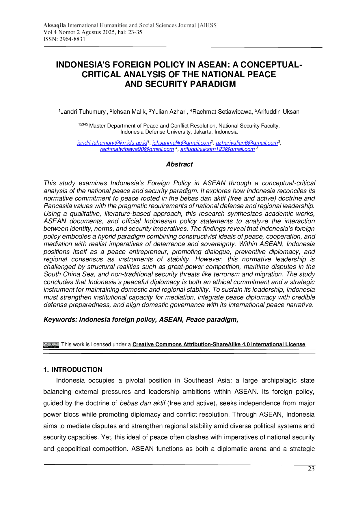 JURIS Indonesia s Foreign Policy in ASEAN A Conceptual Critical Analysis of The National Peace and Security Paradigm