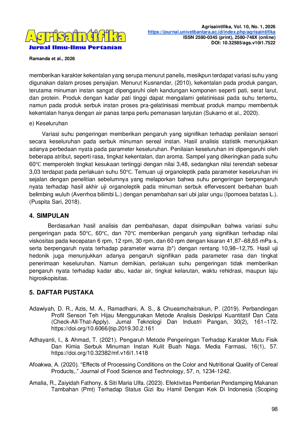 JURIS Pengaruh Suhu Pengeringan Sorgum dan Kacang Tunggak Terhadap Sifat Fisikokimia dan Sensorik Serbuk Minuman Serealia