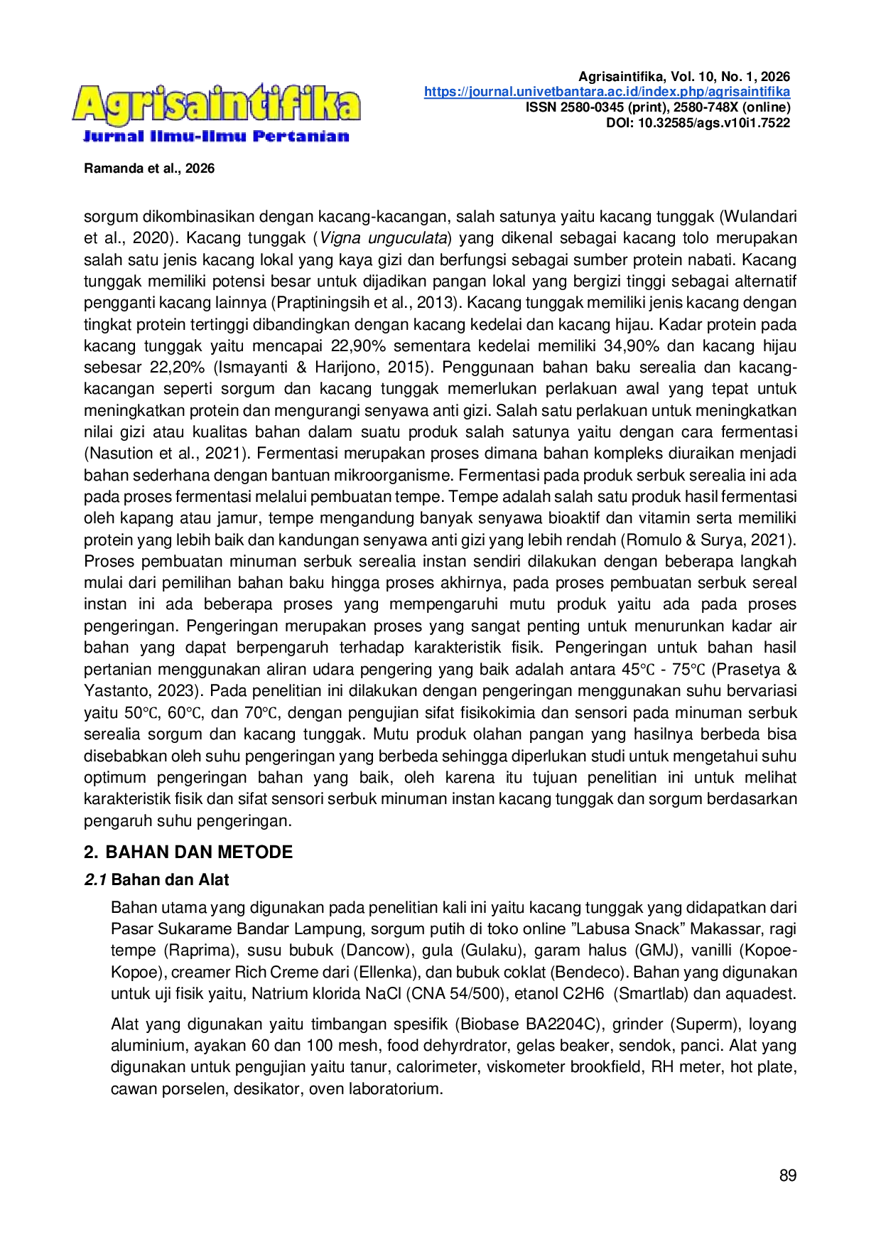 JURIS Pengaruh Suhu Pengeringan Sorgum dan Kacang Tunggak Terhadap Sifat Fisikokimia dan Sensorik Serbuk Minuman Serealia