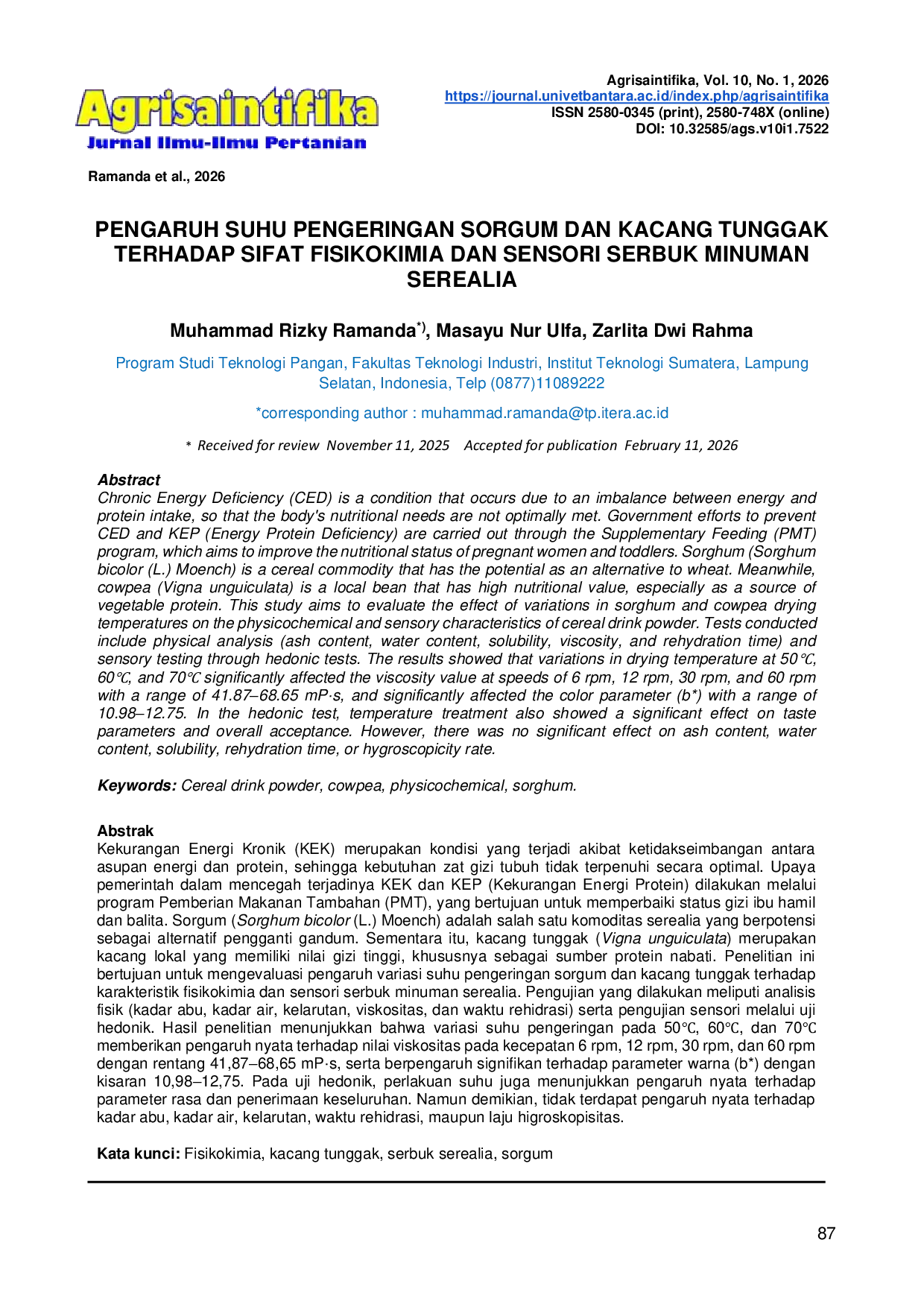 JURIS Pengaruh Suhu Pengeringan Sorgum dan Kacang Tunggak Terhadap Sifat Fisikokimia dan Sensorik Serbuk Minuman Serealia