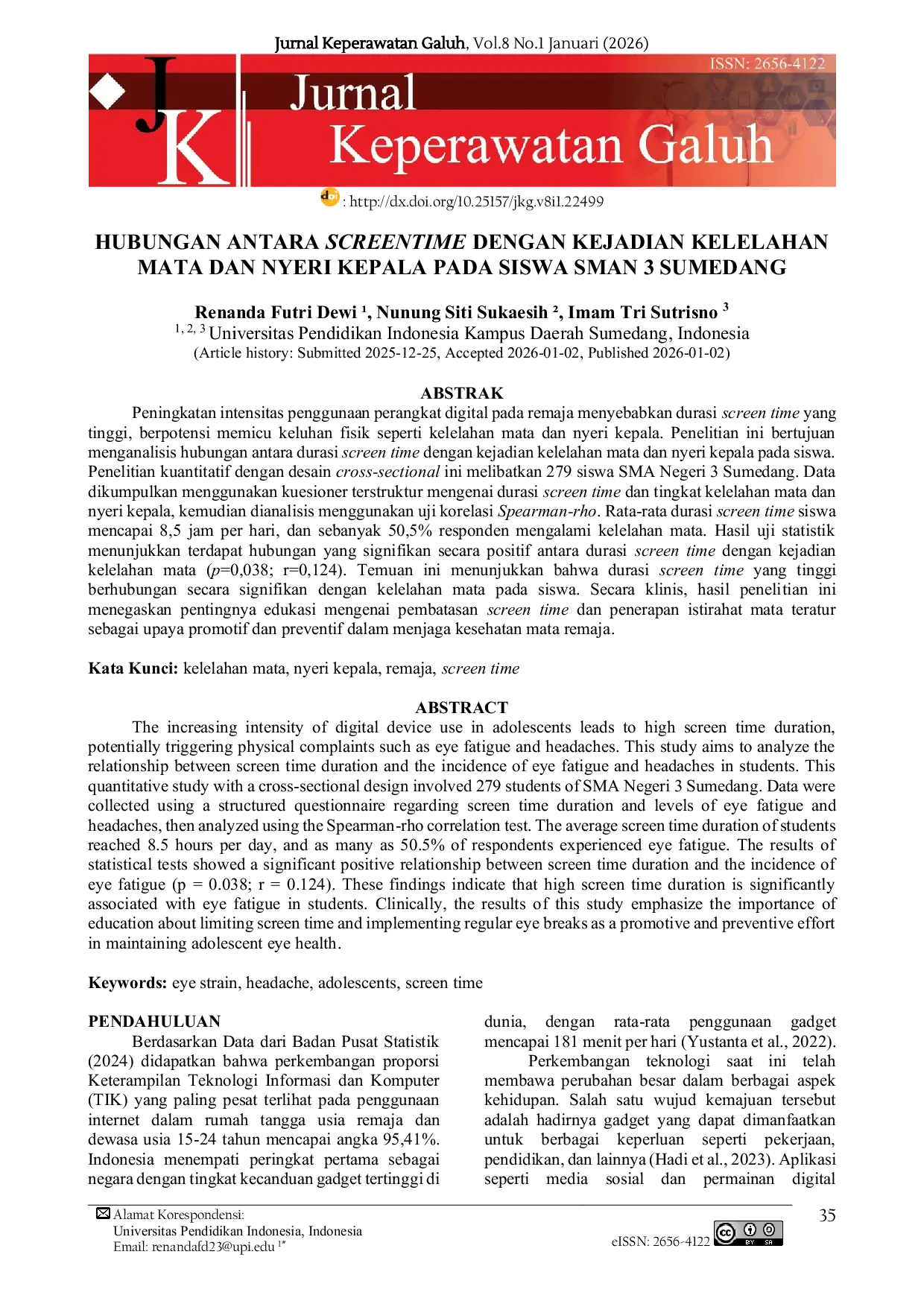 JURIS Hubungan Antara Screentime dengan Kejadian Kelelahan Mata dan Nyeri Kepala pada Siswa SMAN 3 Sumedang