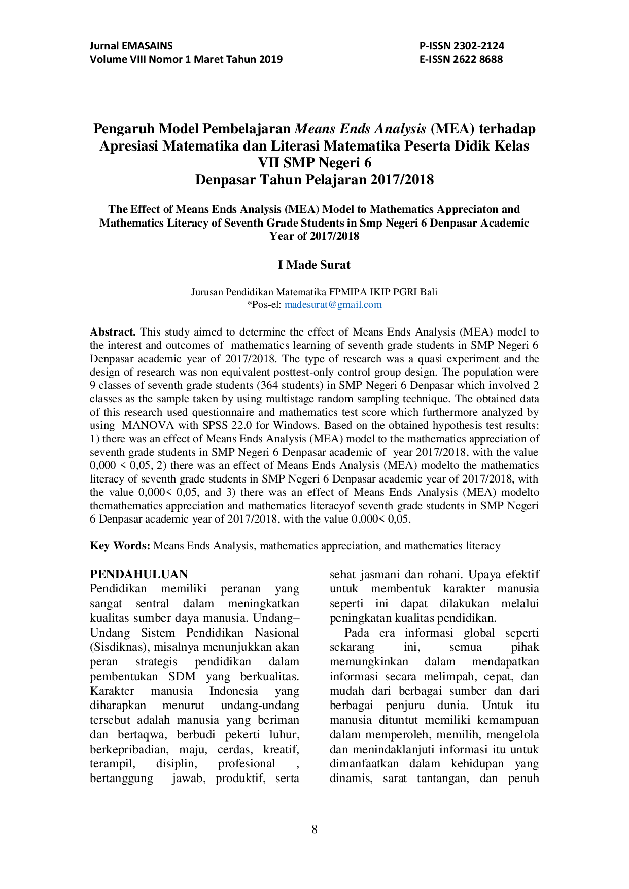 JURIS Pengaruh Model Pembelajaran Means Ends Analysis MEA terhadap Apresiasi Matematika dan Literasi Matematika Peserta Didik Kelas VII SMP Negeri 6 Denpasar Tahun Pelajaran 2017 2018