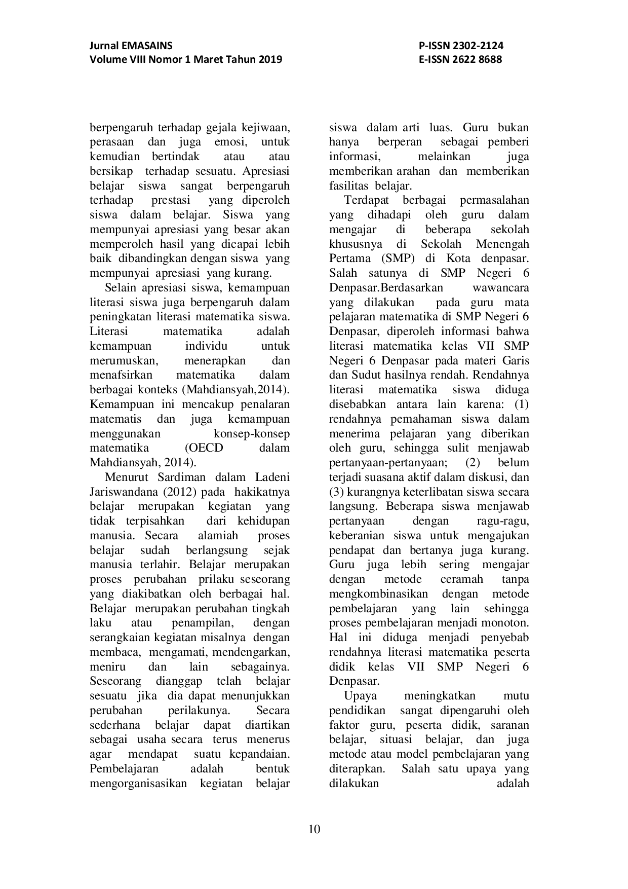 JURIS Pengaruh Model Pembelajaran Means Ends Analysis MEA terhadap Apresiasi Matematika dan Literasi Matematika Peserta Didik Kelas VII SMP Negeri 6 Denpasar Tahun Pelajaran 2017 2018