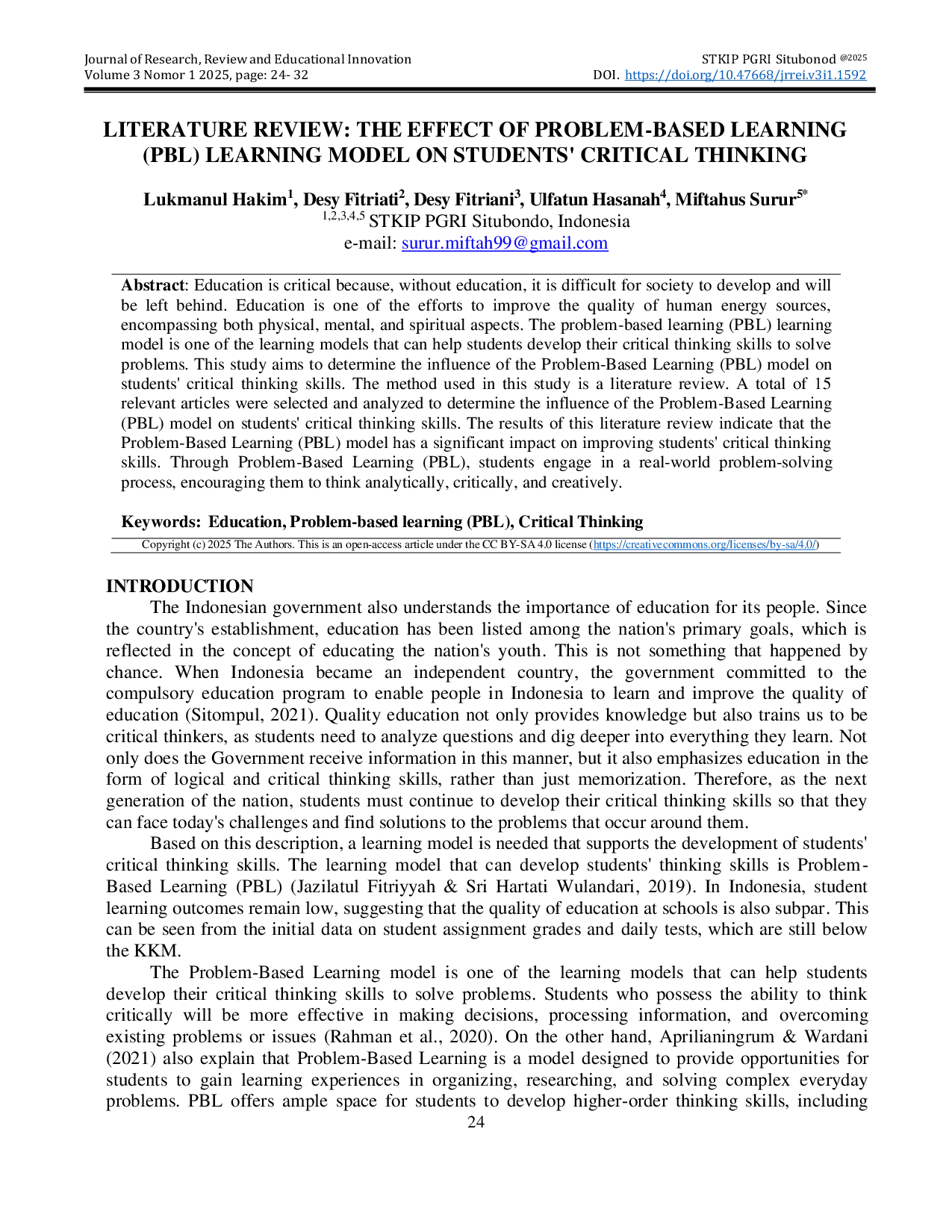 JURIS LITERATURE REVIEW THE EFFECT OF PROBLEM BASED LEARNING PBL LEARNING MODEL ON STUDENTS CRITICAL THINKING