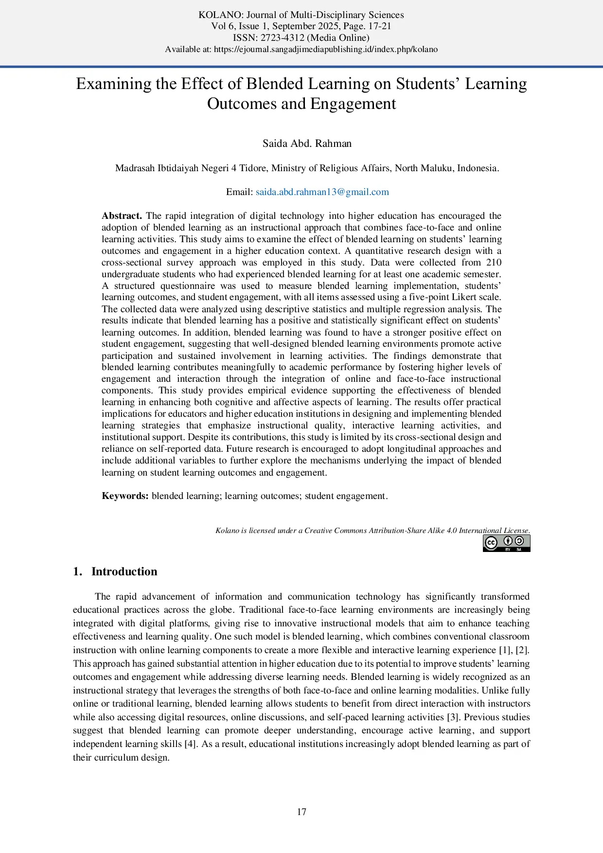 JURIS Examining the Effect of Blended Learning on Students Learning Outcomes and Engagement