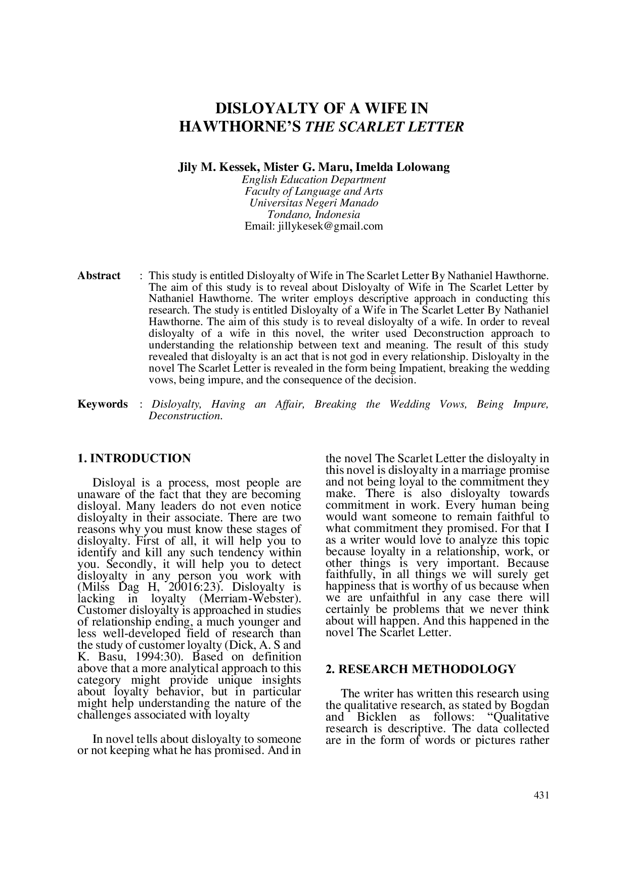 JURIS Disloyalty of a Wife in Hawthorne s The Scarlet Letter
