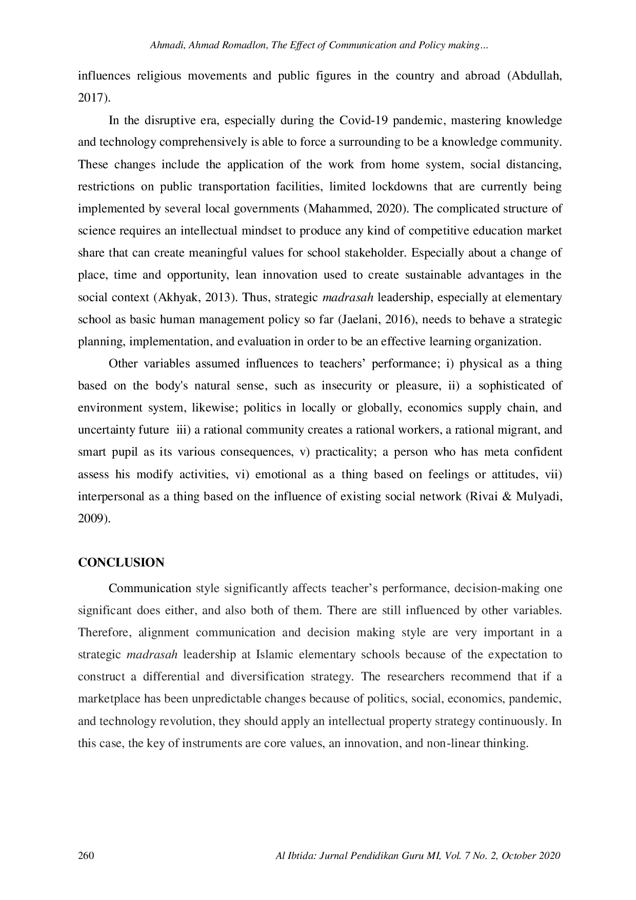 JURIS The Effect of Communication and Policy Making to Teacher s Performance on Strategic Madrasah Leadership during Pandemic Covid 19