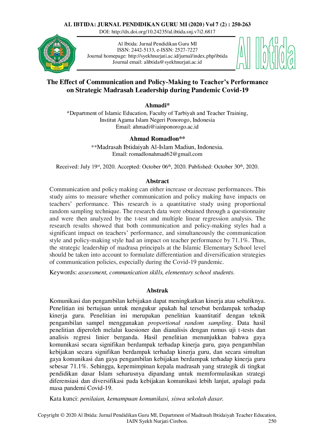 JURIS The Effect of Communication and Policy Making to Teacher s Performance on Strategic Madrasah Leadership during Pandemic Covid 19