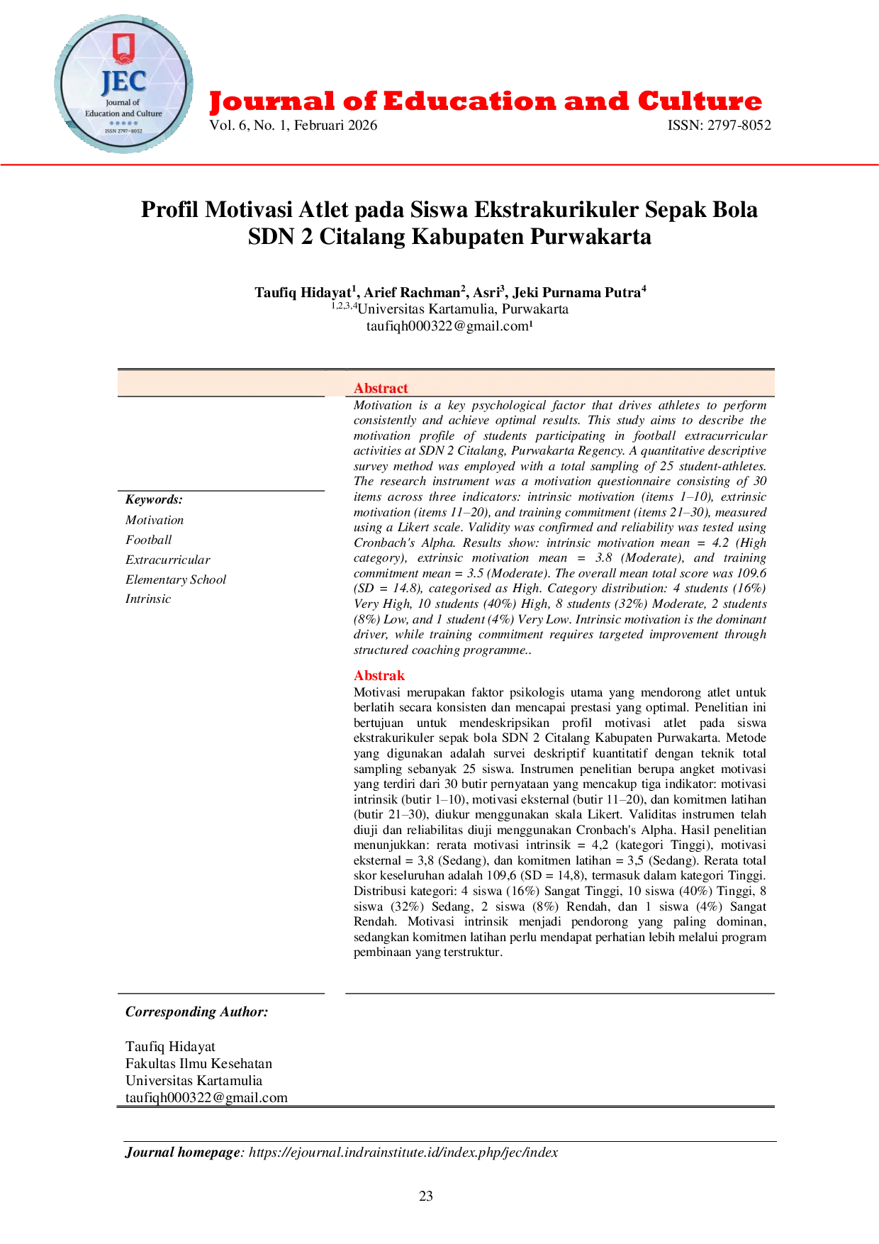 JURIS Profil Motivasi Atlet pada Siswa Ekstrakurikuler Sepak Bola SDN 2 Citalang Kabupaten Purwakarta