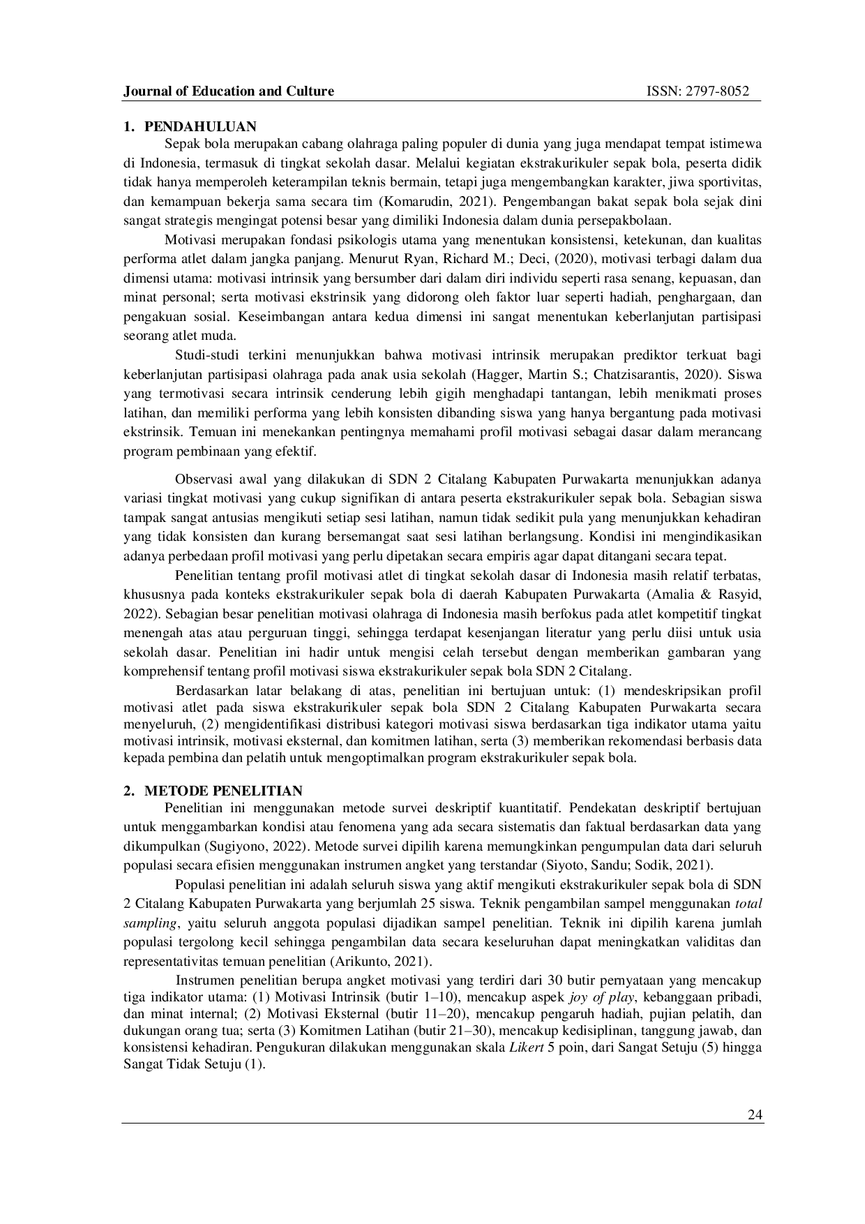JURIS Profil Motivasi Atlet pada Siswa Ekstrakurikuler Sepak Bola SDN 2 Citalang Kabupaten Purwakarta