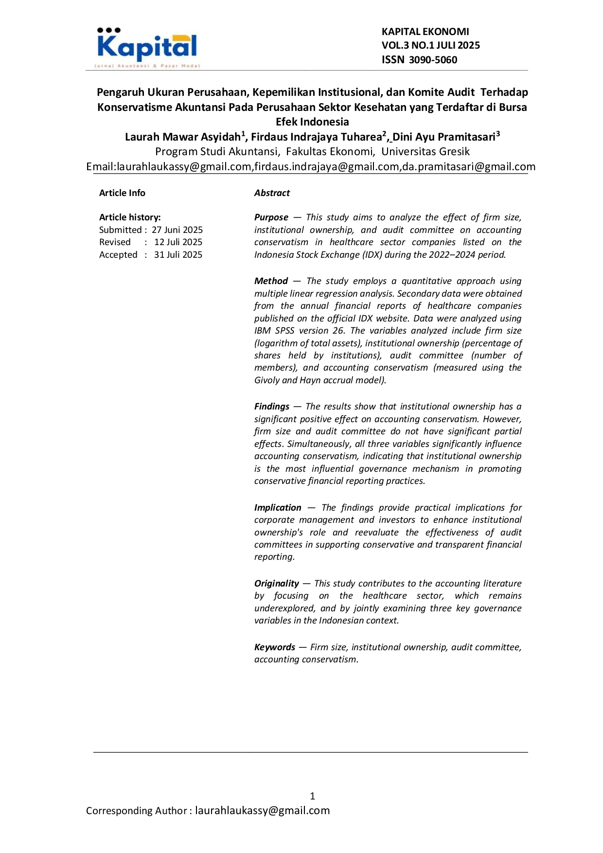 JURIS Pengaruh Ukuran Perusahaan Kepemilikan Institusional Dan Komite Audit Terhadap Konservatisme Akuntansi Pada Perusahaan Sektor Kesehatan Yang Terdaftar Di Bursa Efek Indonesia