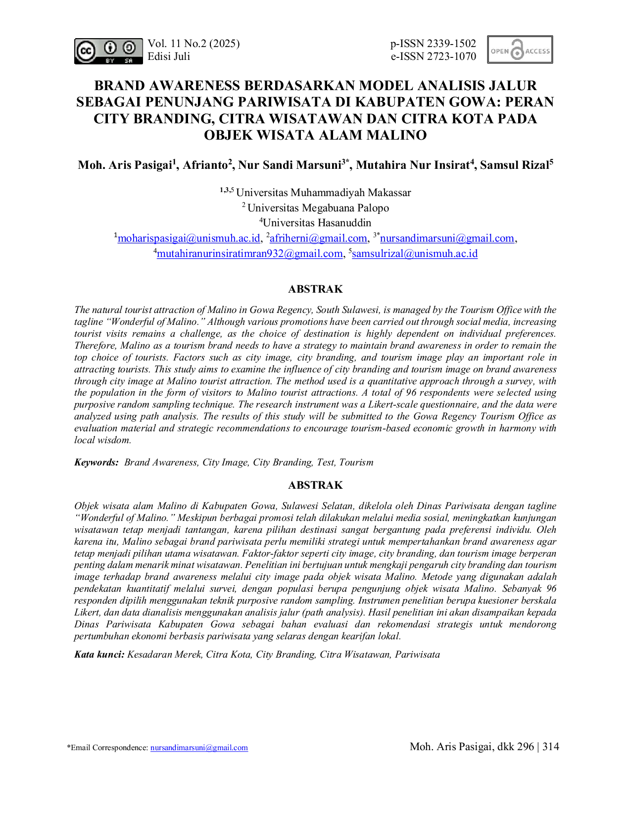 JURIS Brand Awareness Berdasarkan Model Analisis Jalur Sebagai Penunjang Pariwisata Di Kabupaten Gowa Peran City Branding Citra Wisatawan Dan Citra Kota Pada Objek Wisata Alam Malino