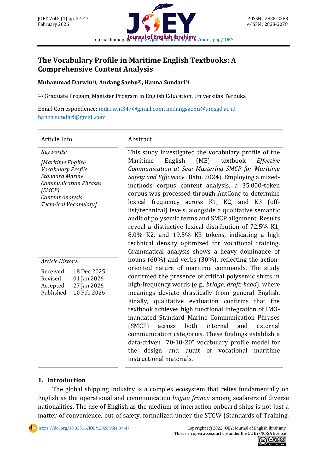 JURIS The Vocabulary Profile in Maritime English Textbooks A Comprehensive Content Analysis English