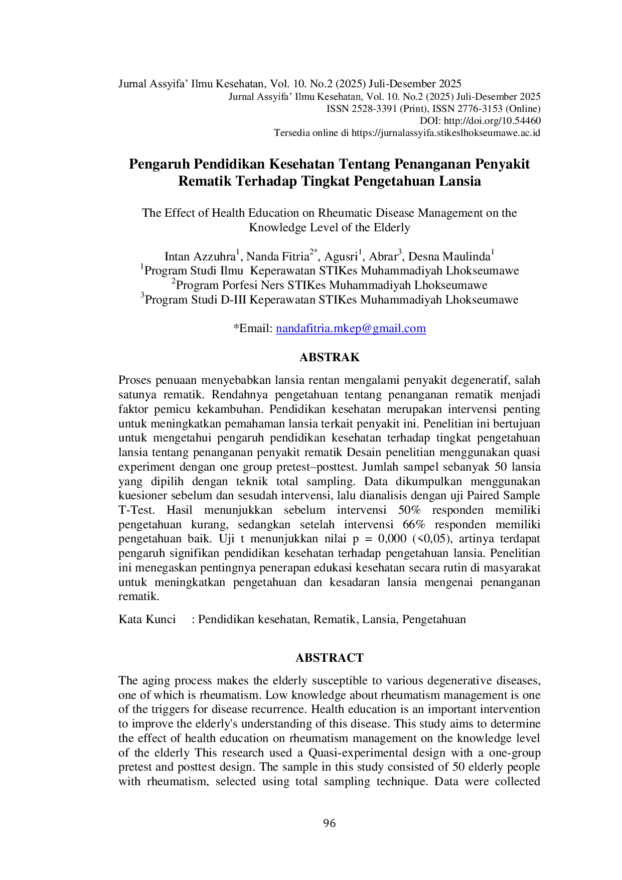 JURIS Pengaruh Pendidikan Kesehatan Tentang Penanganan Penyakit Rematik Terhadap Tingkat Pengetahuan Lansia
