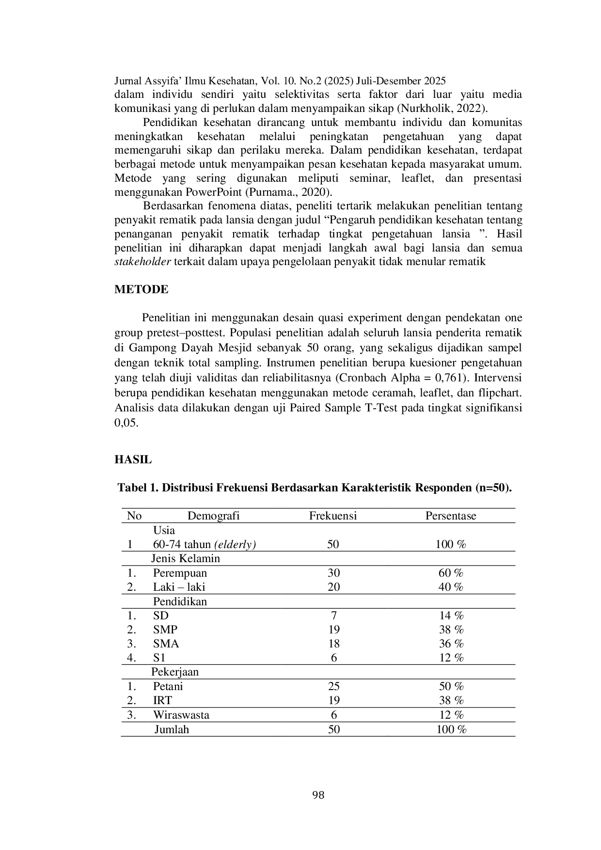 JURIS Pengaruh Pendidikan Kesehatan Tentang Penanganan Penyakit Rematik Terhadap Tingkat Pengetahuan Lansia