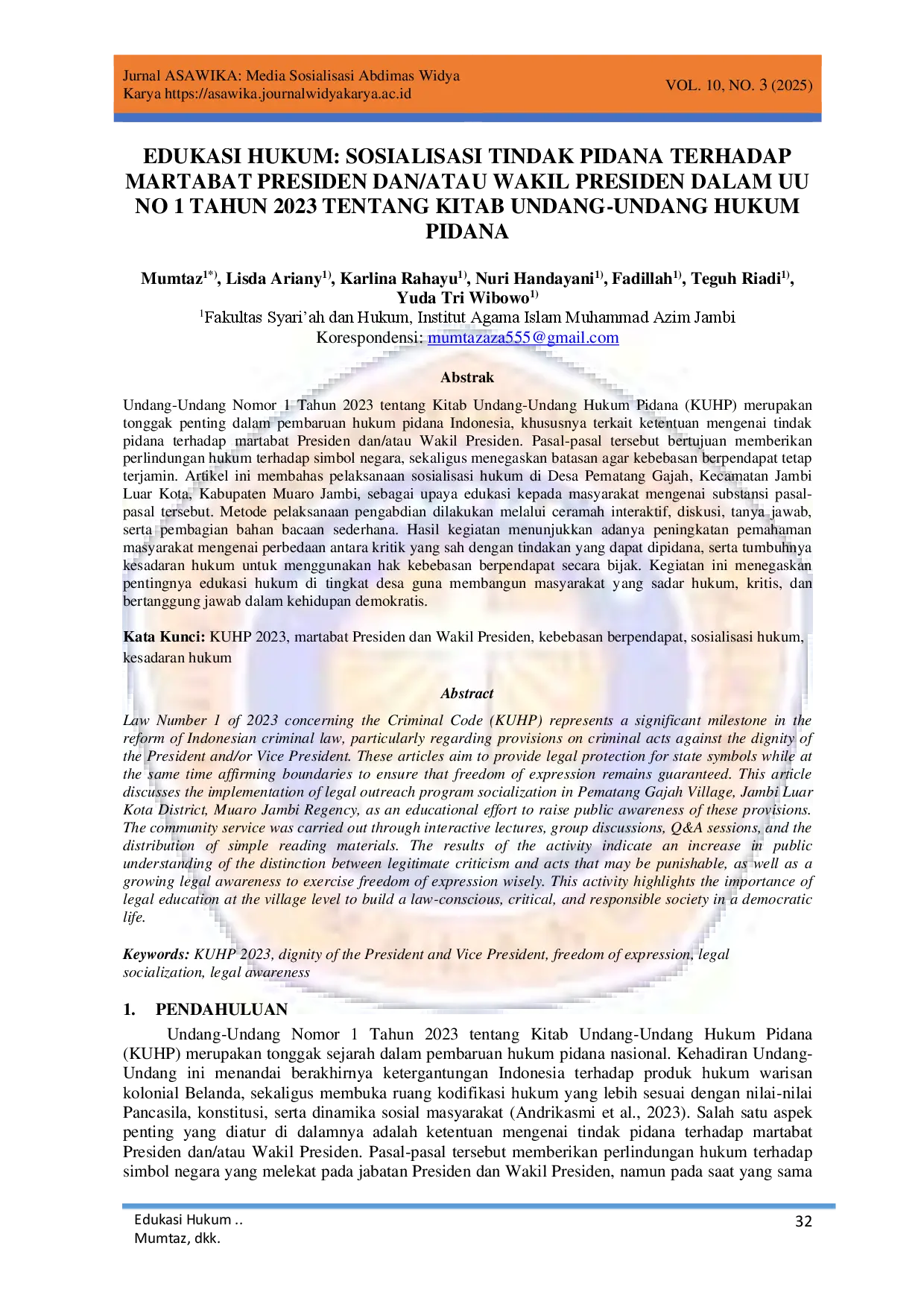 juris Edukasi Hukum Sosialisasi Tindak Pidana Terhadap Martabat Presiden Dan Atau Wakil Presiden Dalam UU No 1 Tahun 2023 Tentang Kitab Undang Undang Hukum Pidana
