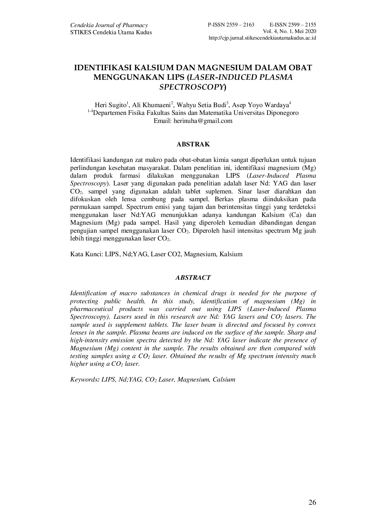 JURIS Identifikasi Kalsium dan Magnesium dalam Obat Menggunakan LIPS Laser Induced Plasma Spectroscopy