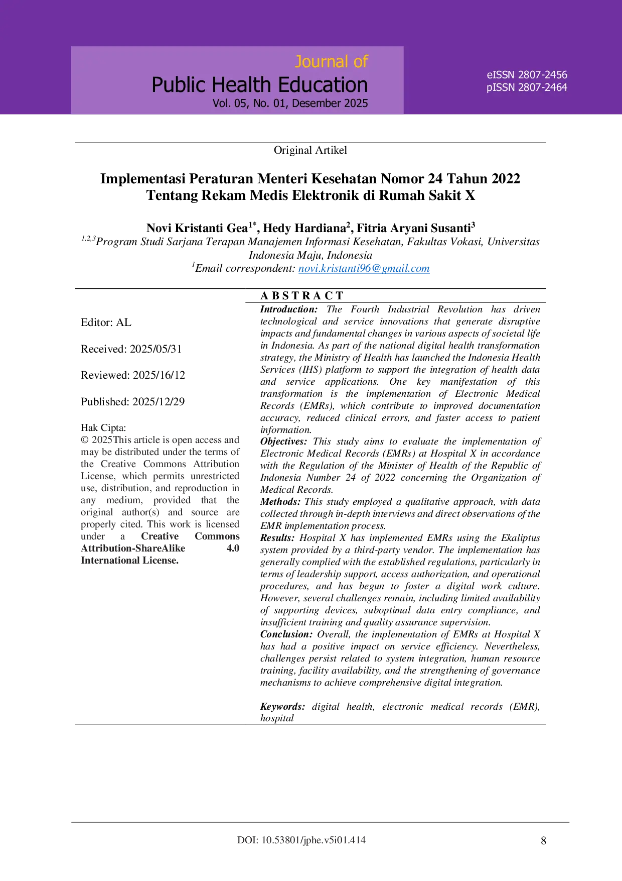 JURIS Implementasi Peraturan Menteri Kesehatan Nomor 24 Tahun 2022 Tentang Rekam Medis Elektronik di Rumah Sakit X