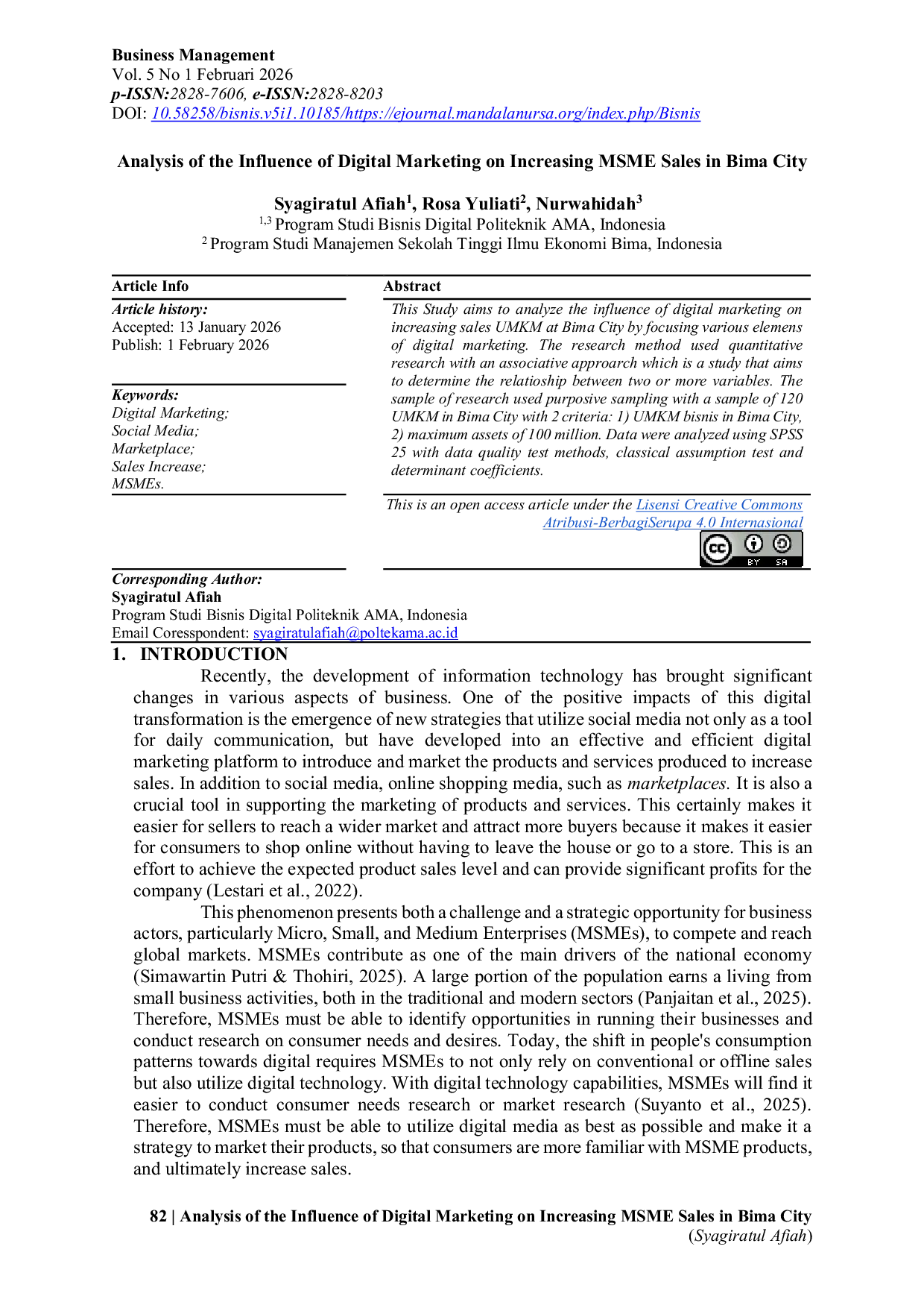 JURIS Analisis Pengaruh Pemasaran Digital Terhadap Peningkatan Penjualan UMKM di Kota Bima