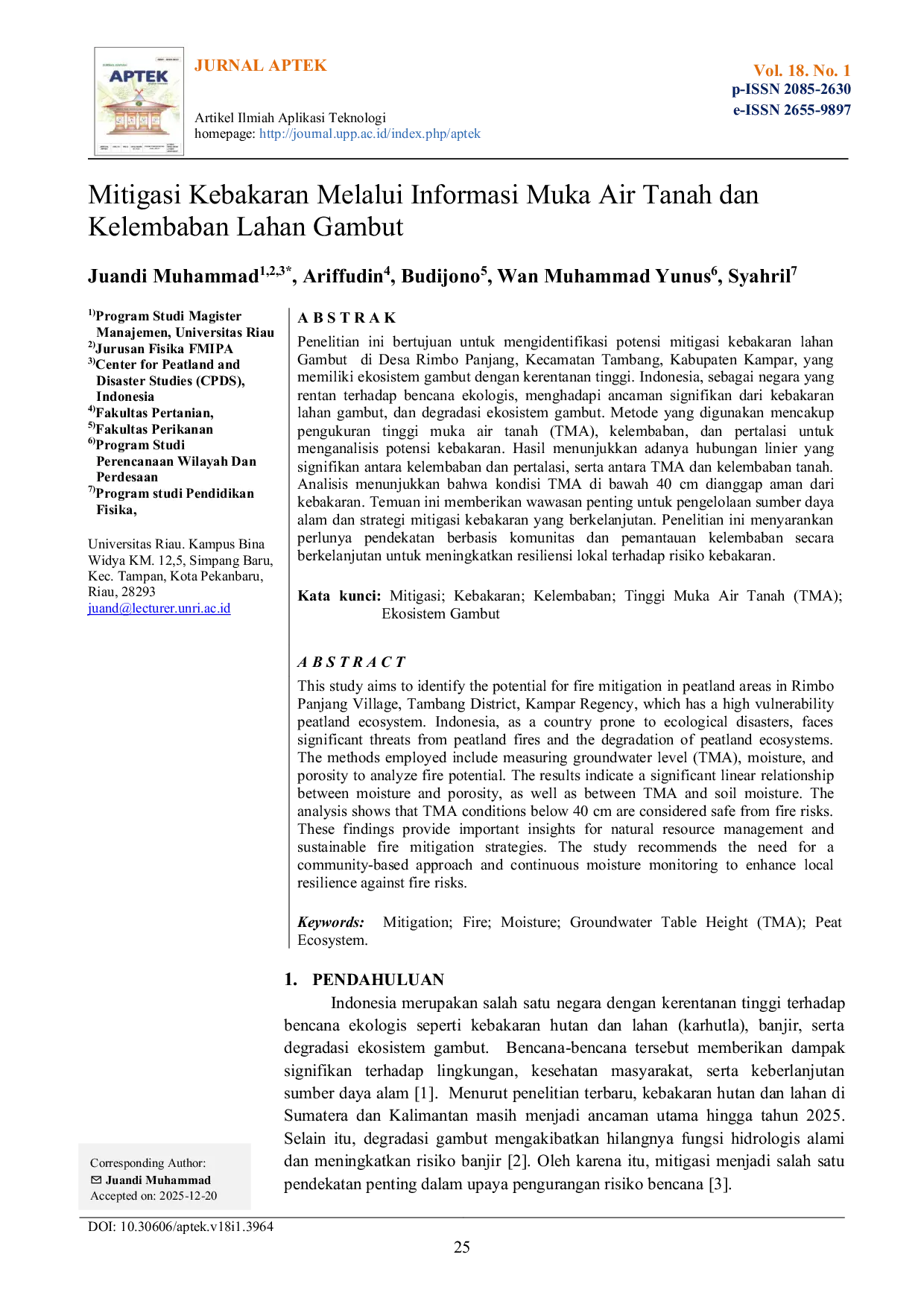 JURIS Mitigasi Kebakaran Melalui Informasi Muka Air Tanah dan Kelembaban Lahan Gambut