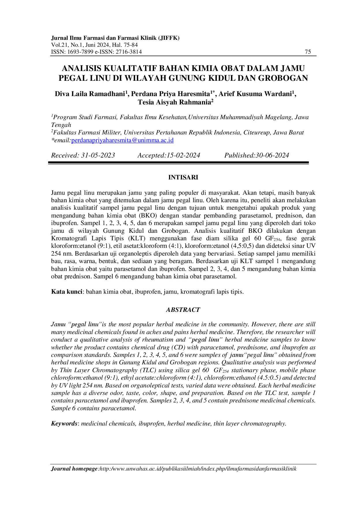 juris Analisis Kualitatif Bahan Kimia Obat Dalam Jamu Pegal Linu Di Wilayah Gunung Kidul Dan Grobogan