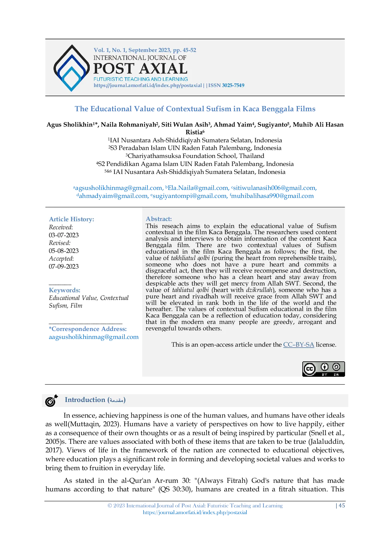 JURIS The Educational Value of Contextual Sufism in Kaca Benggala Films