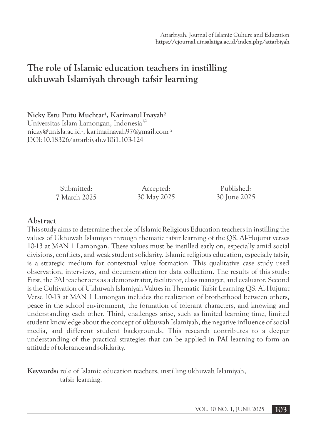 juris The role of Islamic education teachers in instilling ukhuwah Islamiyah through tafsir learning