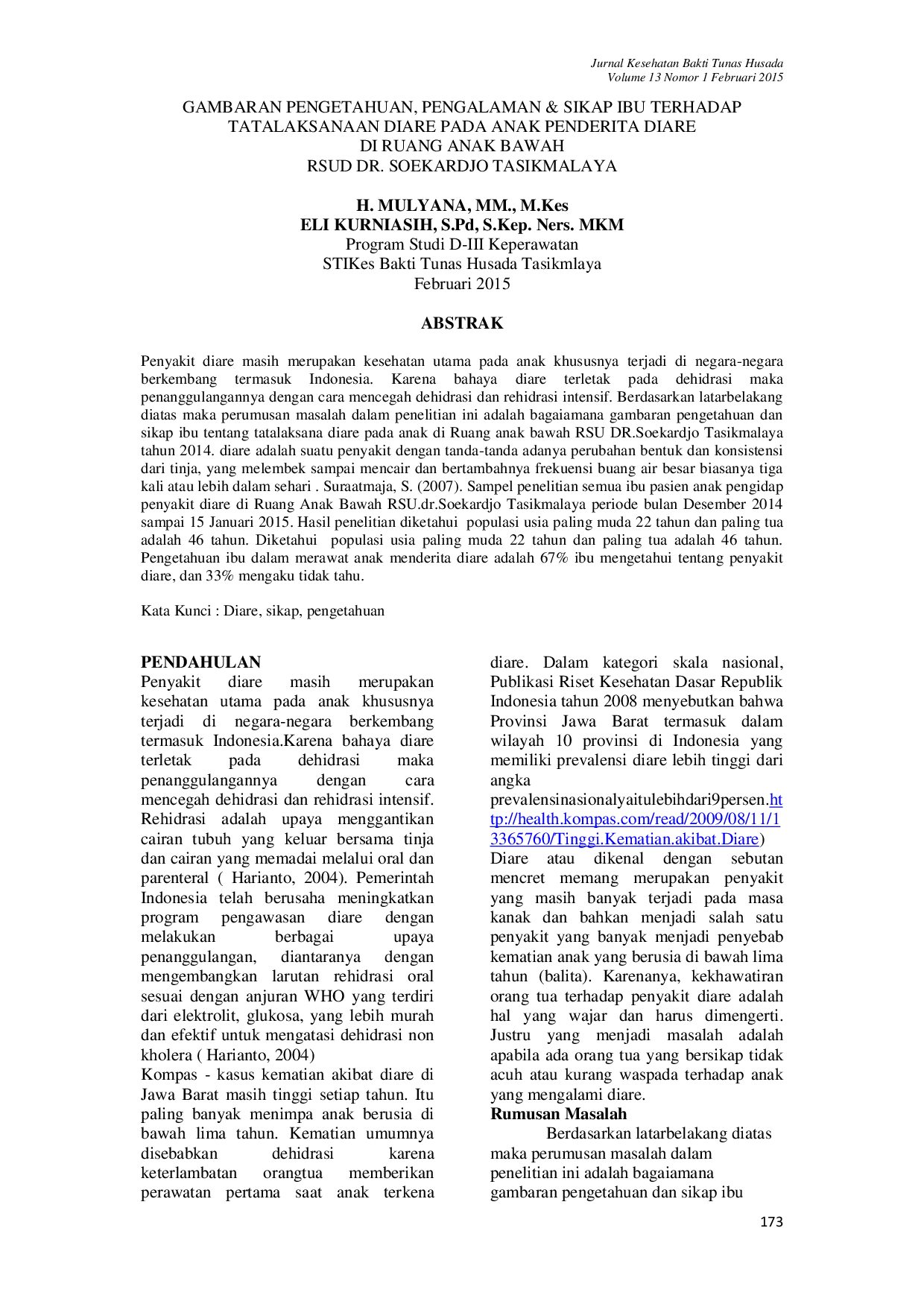 JURIS Gambar Pengetahuan Pengalaman Sikap Ibu Terhadap Tatalaksana Diare Pada Anak Penderita Diare Di Ruang Anak Bawah RSUD Dr Soekardjo Tasikmalaya