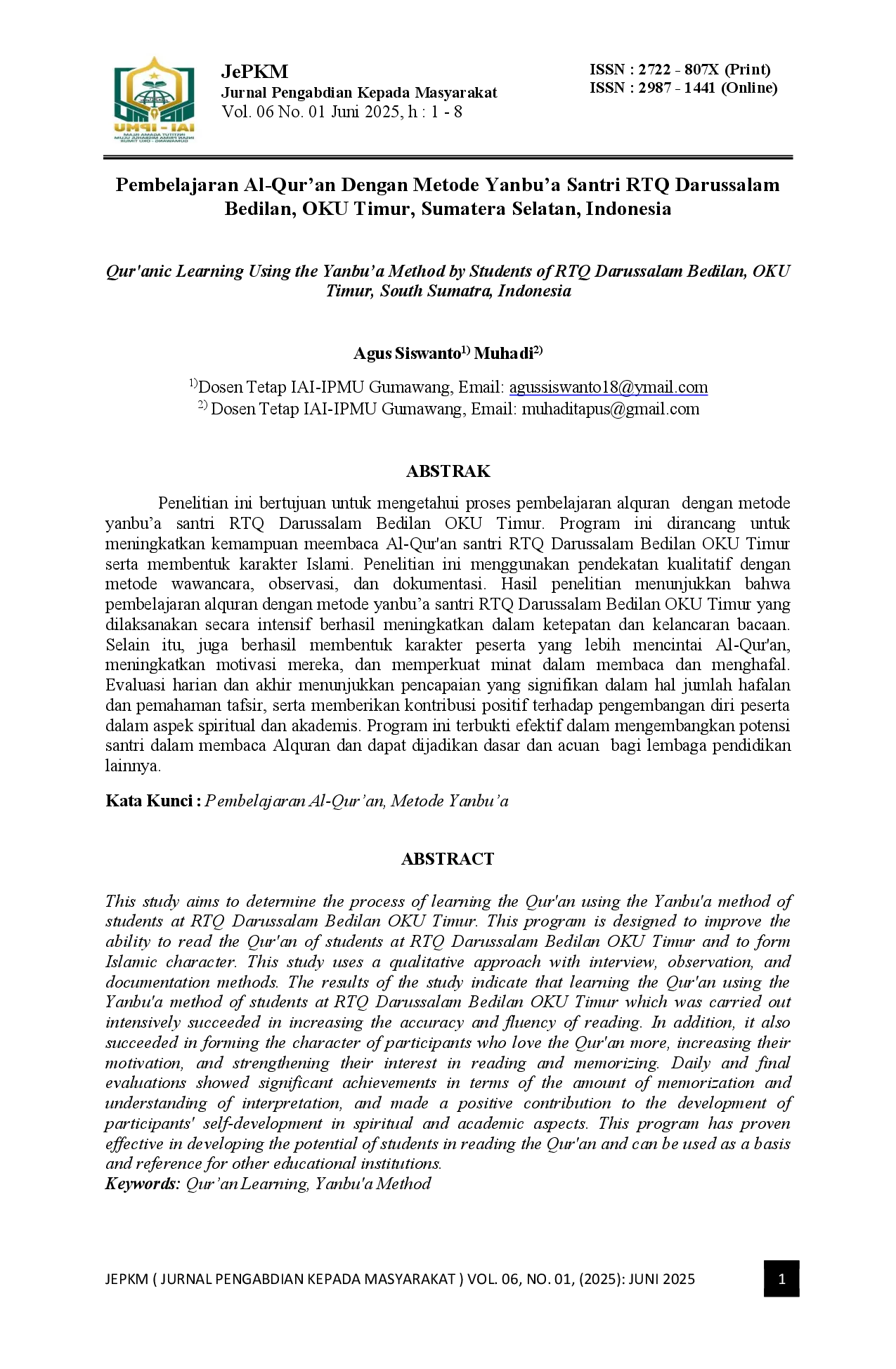 juris Pembelajaran Al Qur an Dengan Metode Yanbu a Santri RTQ Darussalam Bedilan OKU Timur Sumatera Selatan Indonesia
