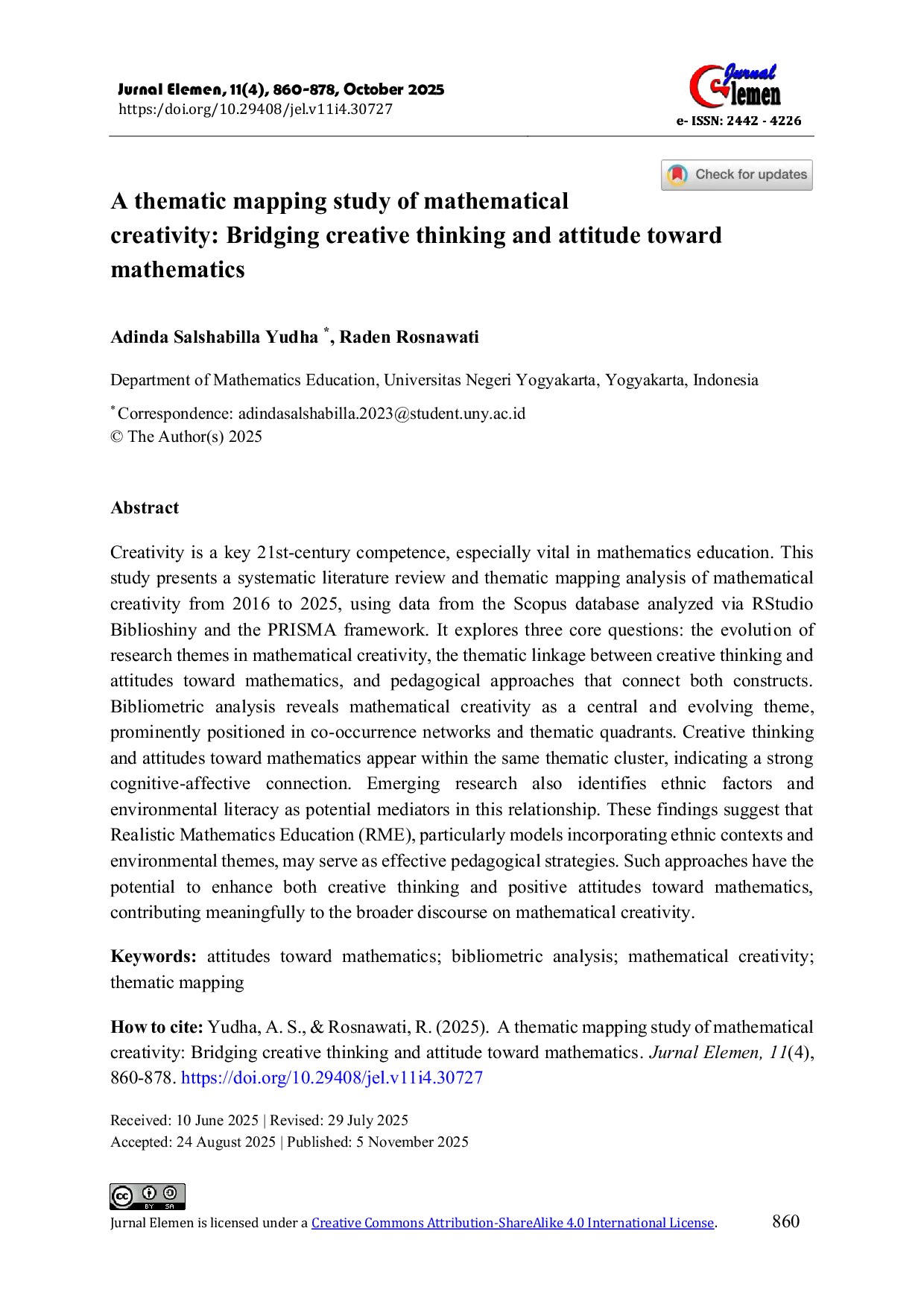 JURIS A thematic mapping study of mathematical creativity Bridging creative thinking and attitude toward mathematics