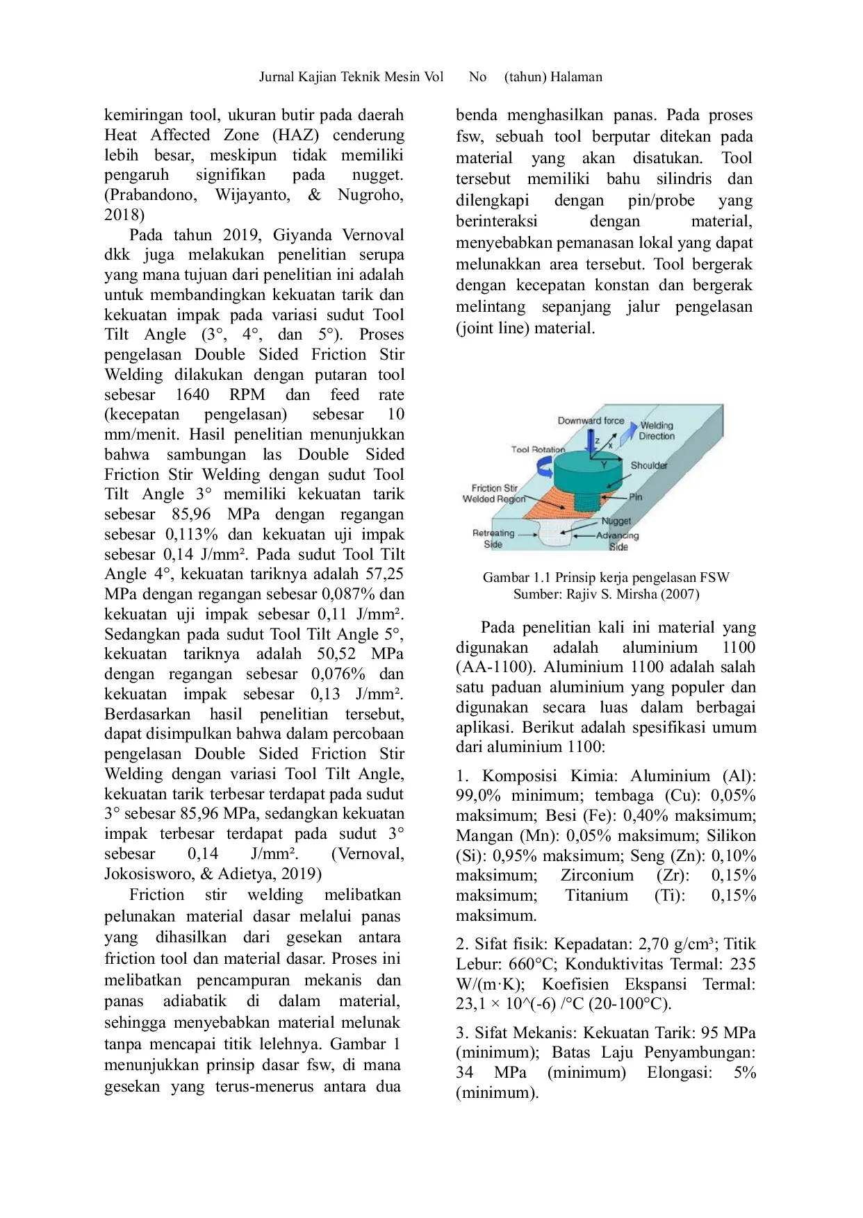 JURIS Pengaruh Sudut Kemiringan Pin Metode Friction Stir Welding pada Material Aa 1100 terhadap sifat Mekanis dan Struktur Mikro