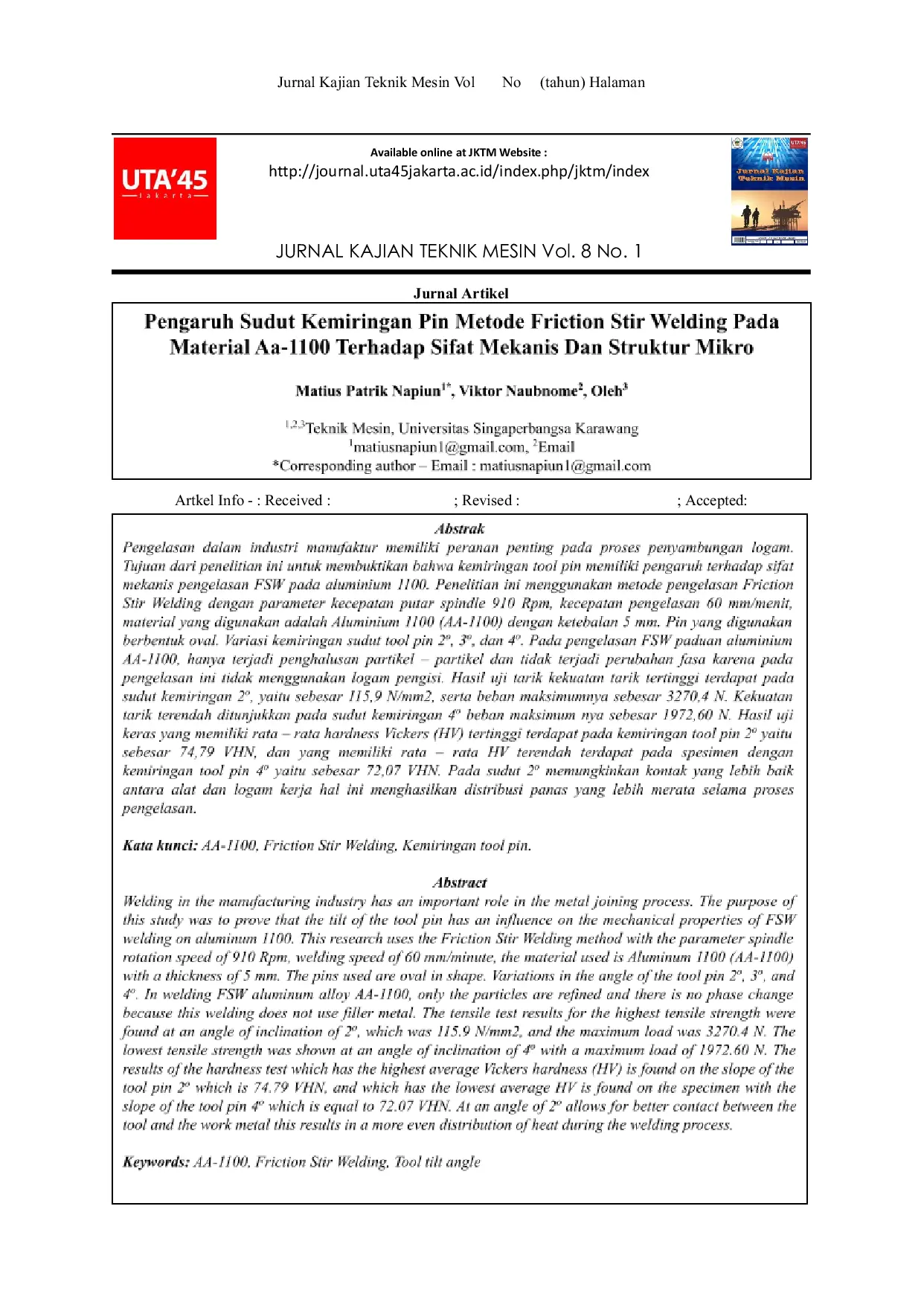 JURIS Pengaruh Sudut Kemiringan Pin Metode Friction Stir Welding pada Material Aa 1100 terhadap sifat Mekanis dan Struktur Mikro