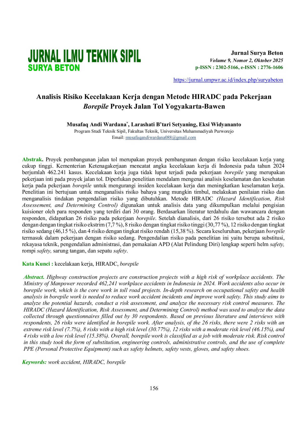 JURIS Analisis Risiko Kecelakaan Kerja dengan Metode HIRADC pada Pekerjaan Borepile Proyek Jalan Tol Yogyakarta Bawen