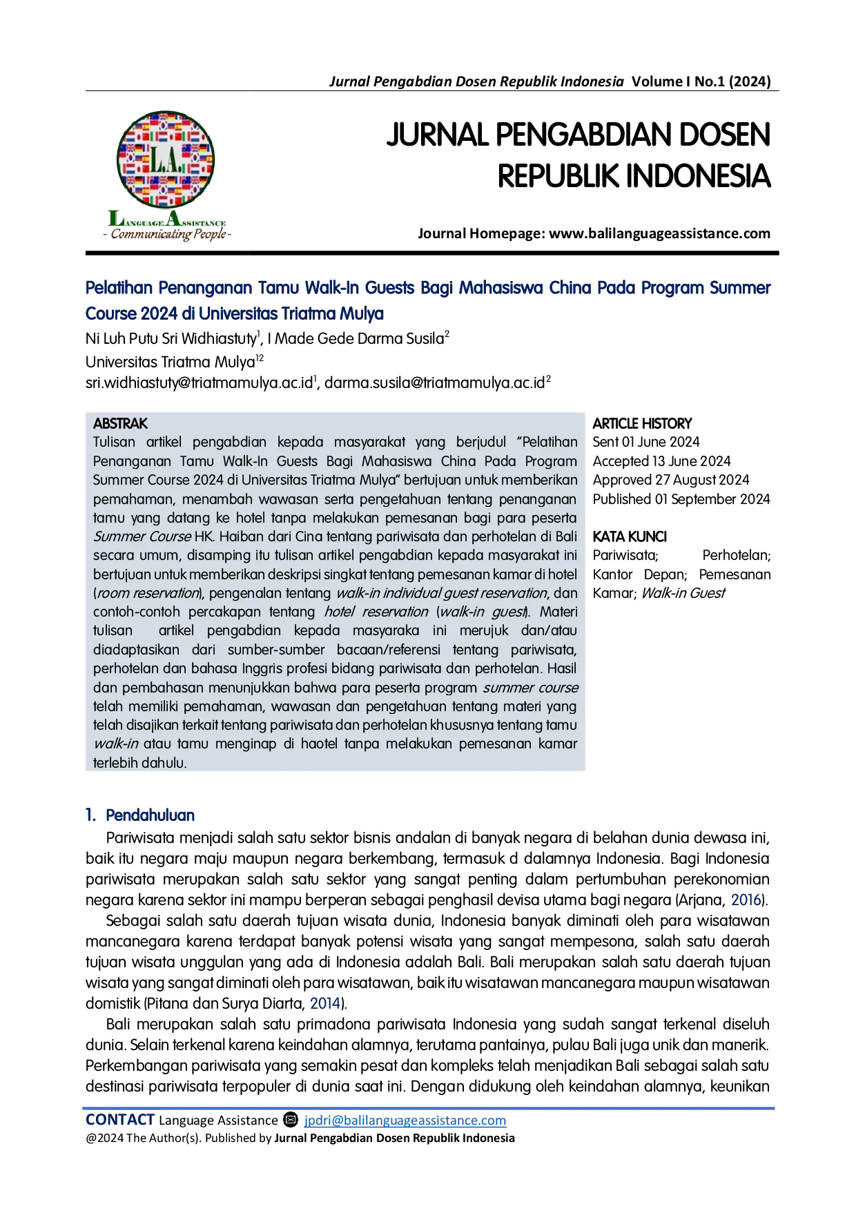 JURIS Pelatihan Penanganan Tamu Walk In Guests Bagi Mahasiswa China Pada Program Summer Course 2024 di Universitas Triatma Mulya