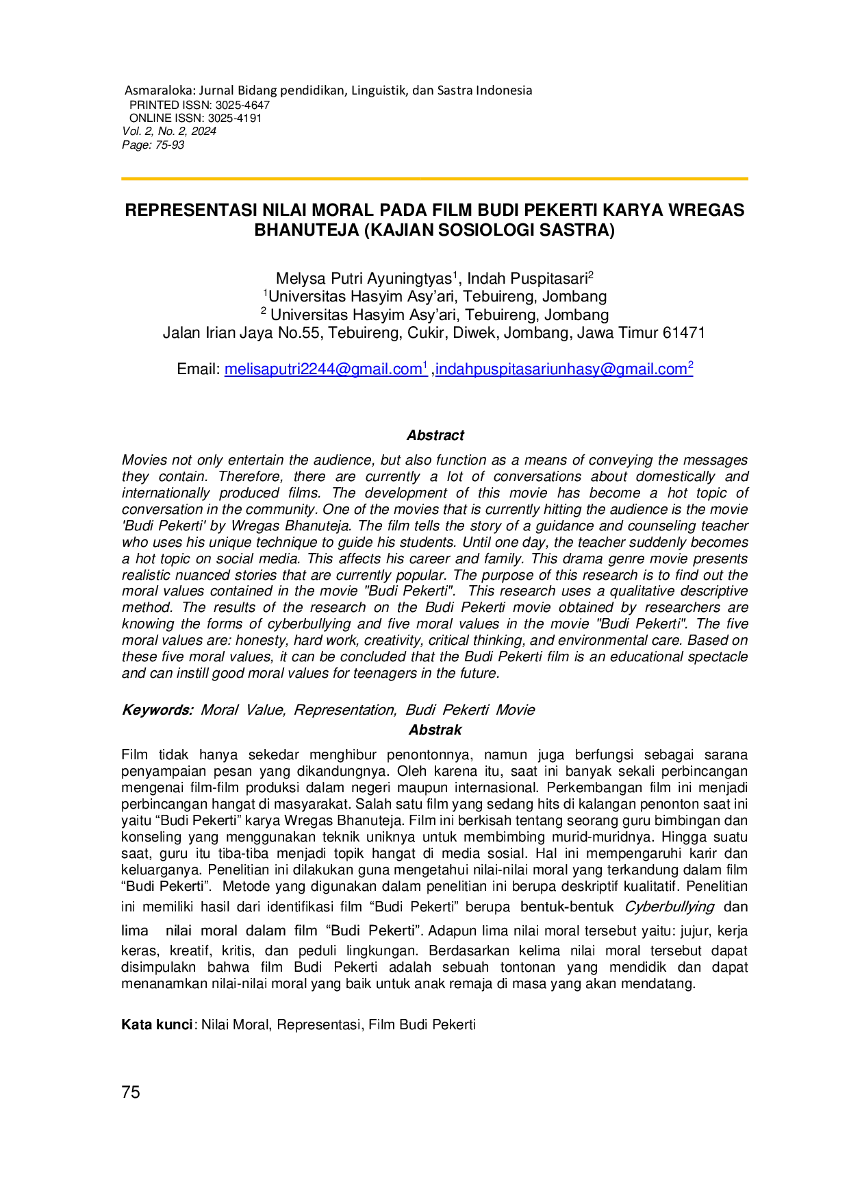 JURIS Representasi Nilai Moral Pada Film Budi Pekerti Karya Wregas Bhanuteja Kajian Sosiologi Sastra