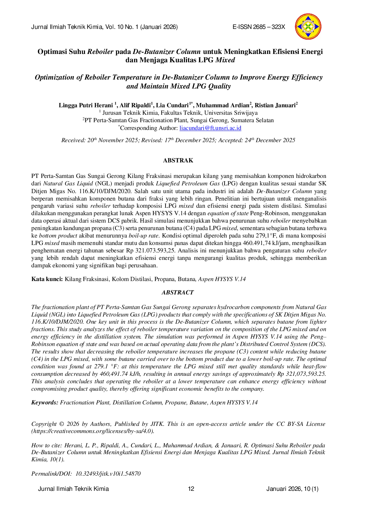 JURIS Optimasi Suhu Reboiler pada De Butanizer Column untuk Meningkatkan Efisiensi Energi dan Menjaga Kualitas LPG Mixed