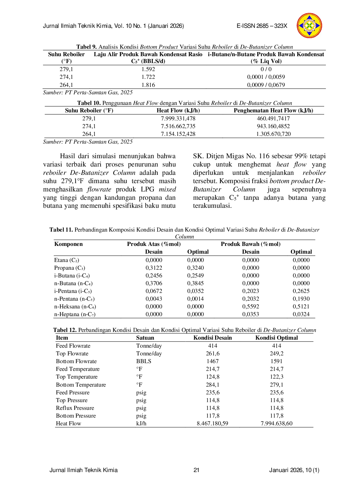 JURIS Optimasi Suhu Reboiler pada De Butanizer Column untuk Meningkatkan Efisiensi Energi dan Menjaga Kualitas LPG Mixed