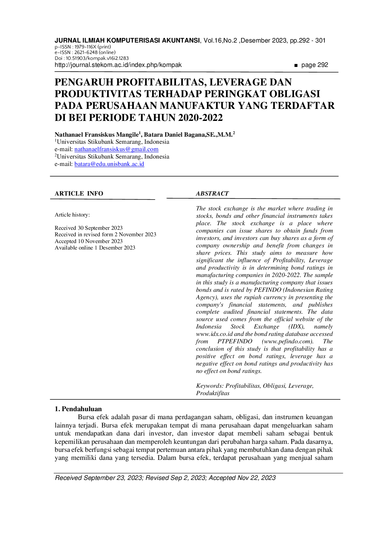 JURIS Pengaruh Profitabilitas Leverage Dan Produktivitas Terhadap Peringkat Obligasi Pada Perusahaan Manufaktur Yang Terdaftar Di Bei Periode Tahun 2020 2022